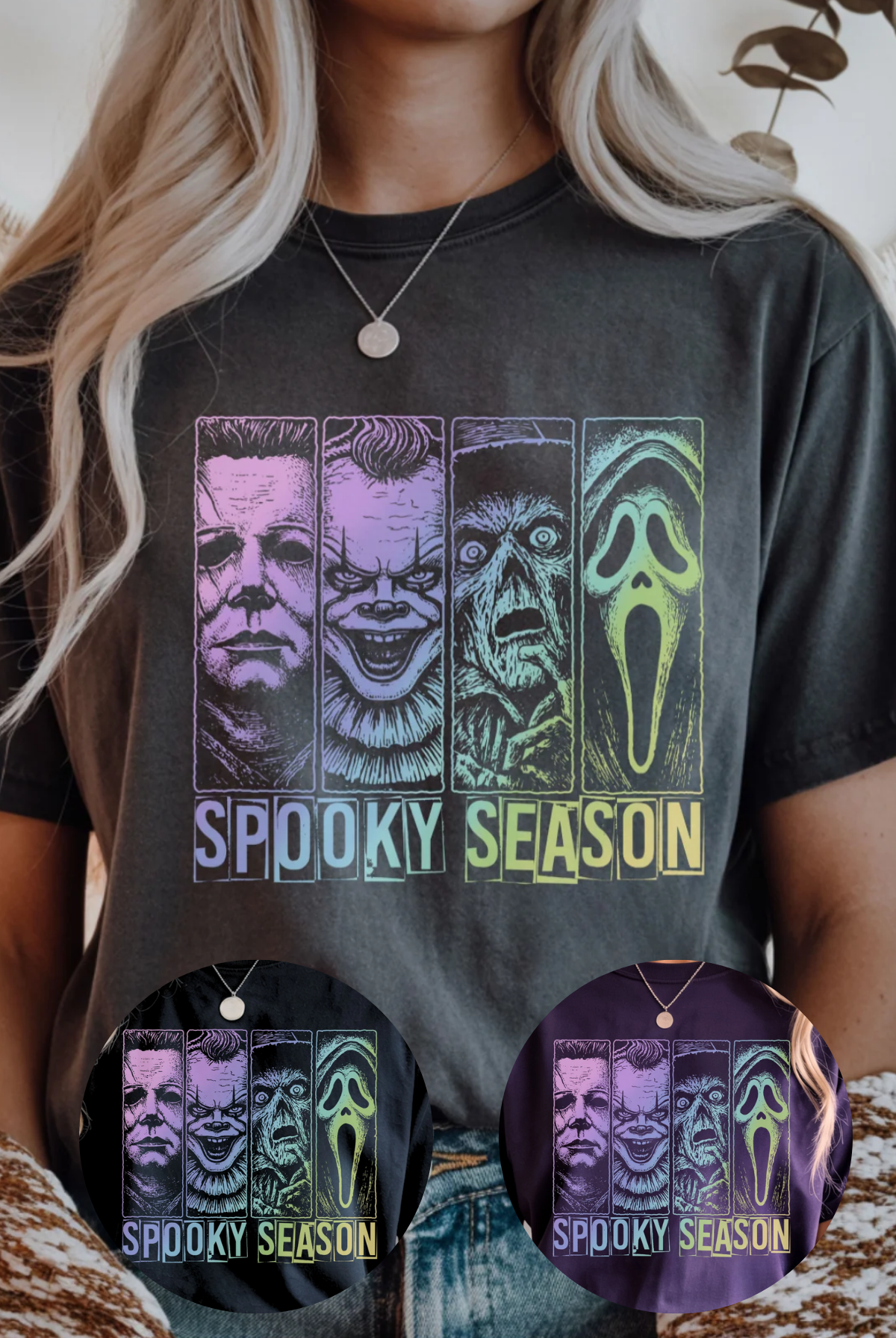 Person wearing a black t-shirt with 'Spooky Season' graphic design.