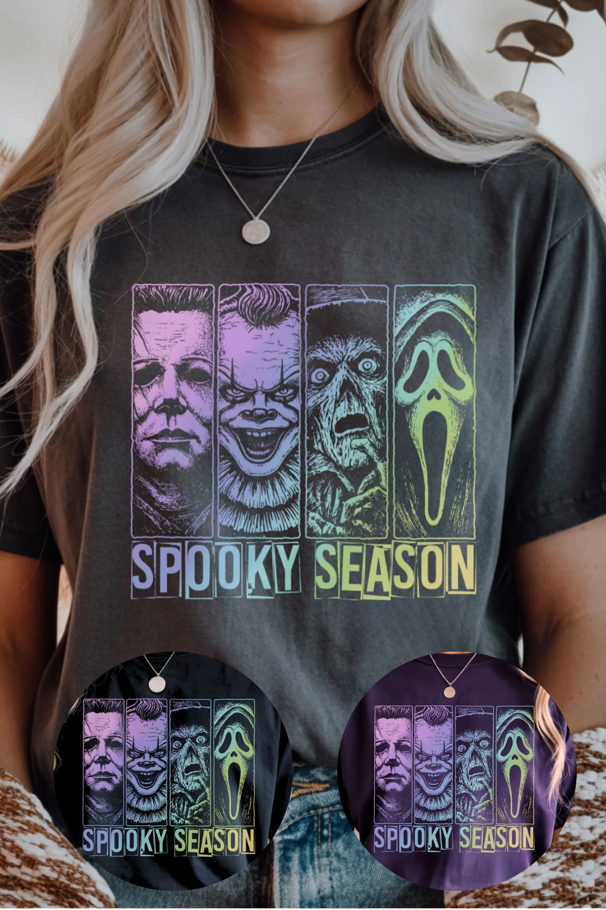 Person wearing a black t-shirt with 'Spooky Season' graphic design.
