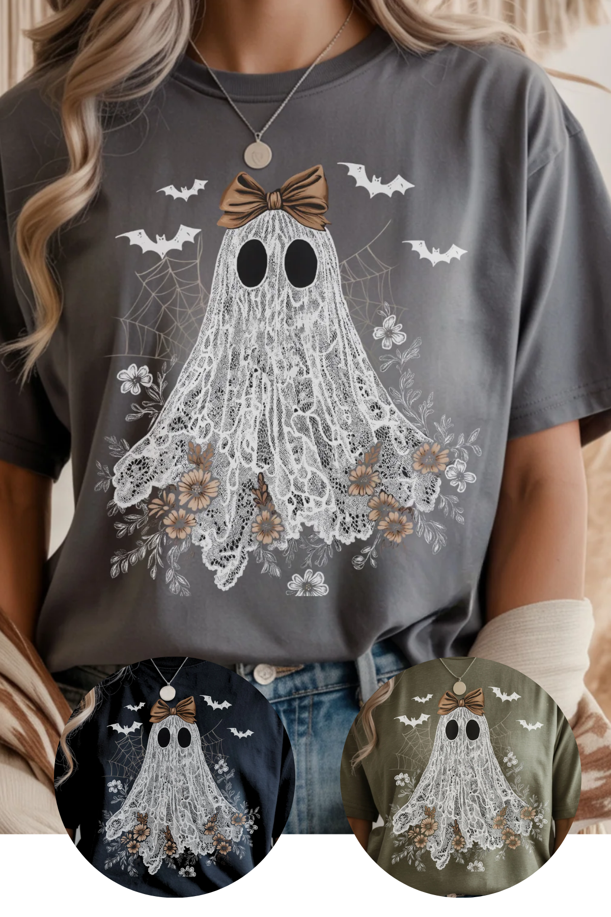 Person wearing a gray t-shirt with a ghost design, surrounded by smaller images of the shirt in different colors.