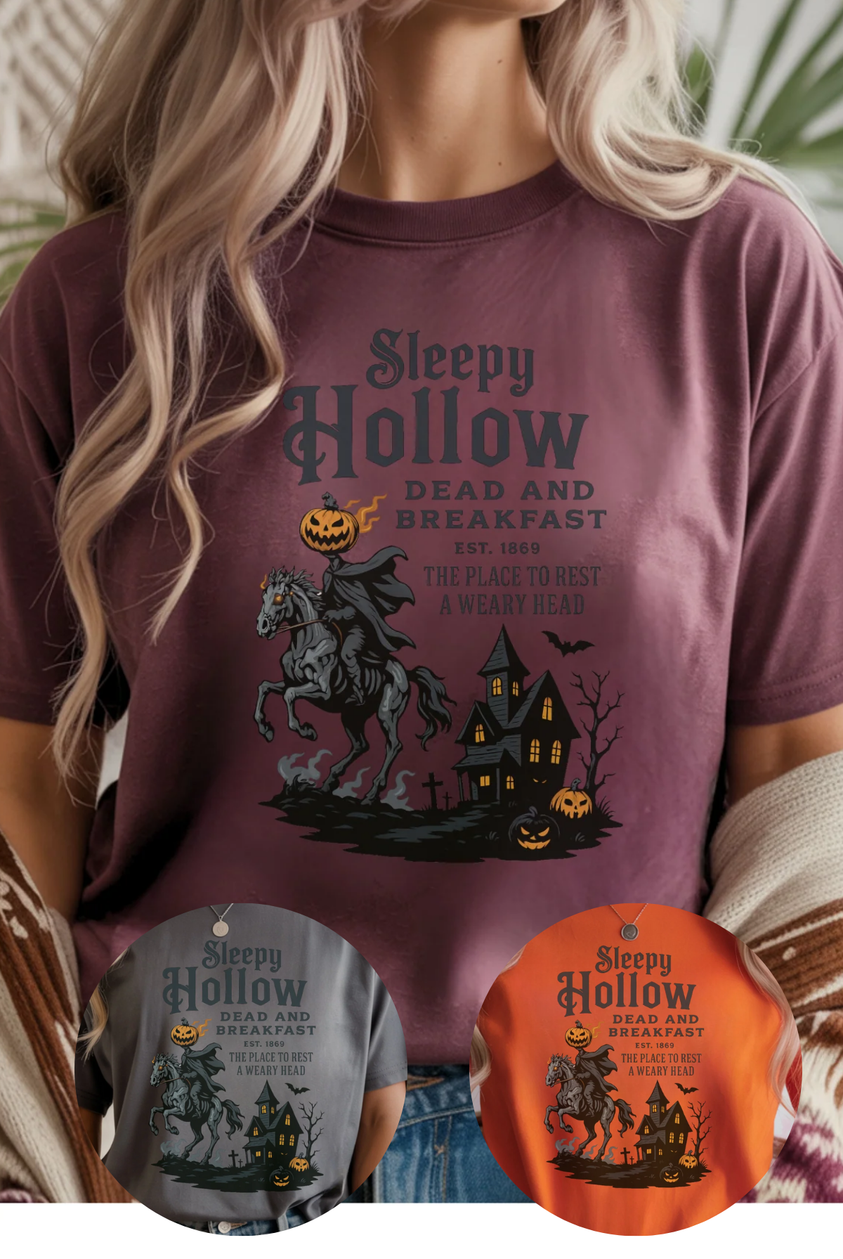 Person wearing a purple 'Sleepy Hollow' t-shirt with graphics of a horse and haunted house, surrounded by smaller images of the shirt in gray and orange.