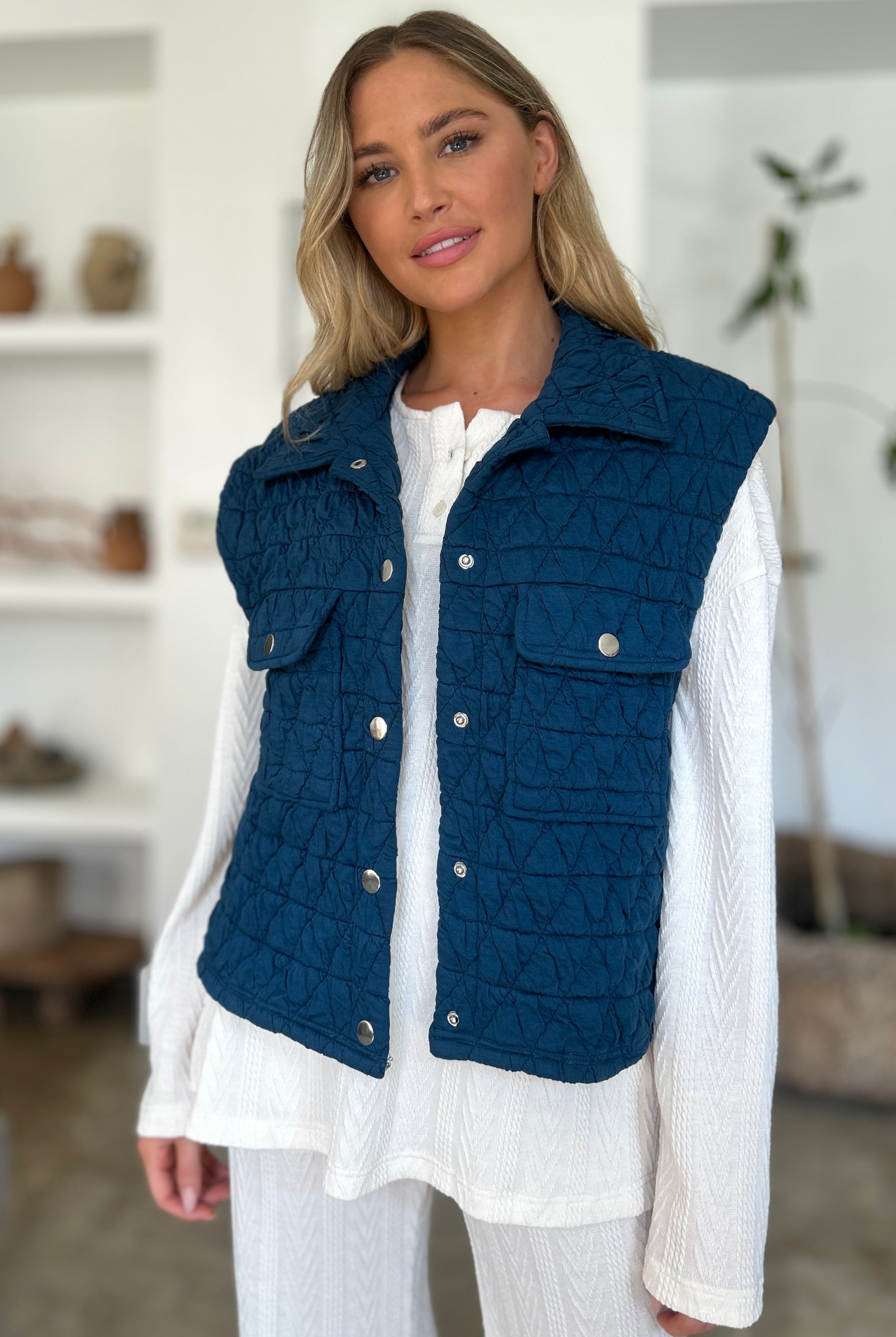 Front open view of Quilted Textured Peacock Blue Vest with Button Snaps