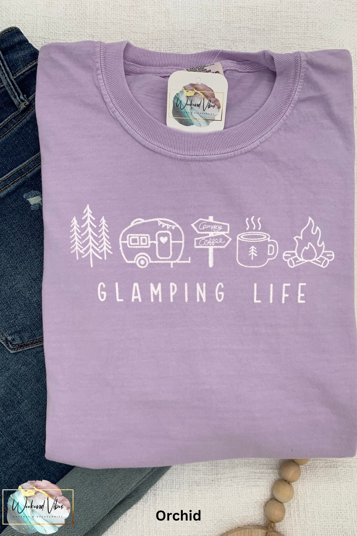 Embroidered Glamping Life comfort colors tee with camping icons. Icons include: A tree, travel trailer, camping signs, coffee cup, and campfire.