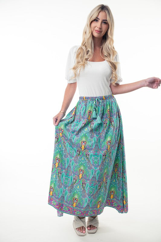 Bohemian Maxi Skirt with Mint and Teal Paisley boho print by White Birch