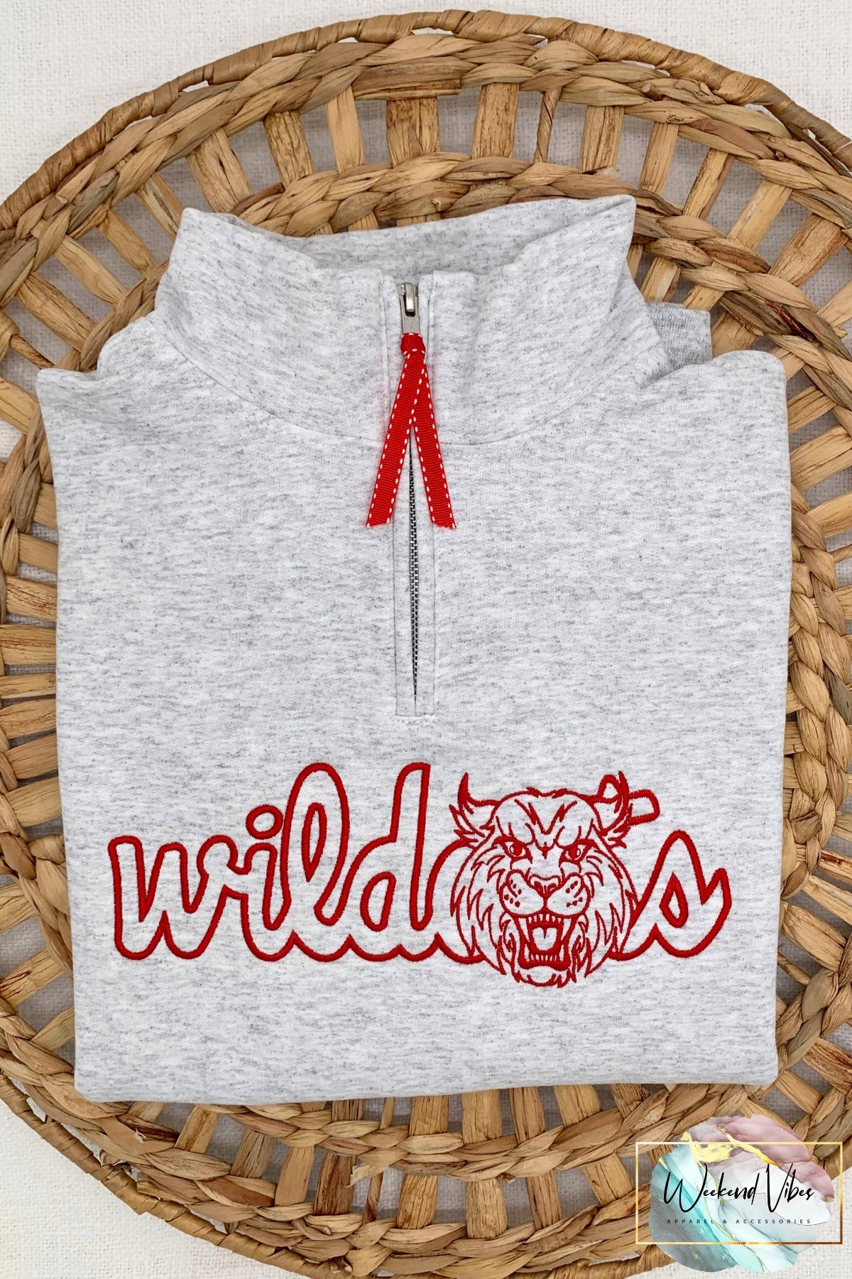 Gray zip-up sweatshirt with embroidered red 'wildcats' design on chest
