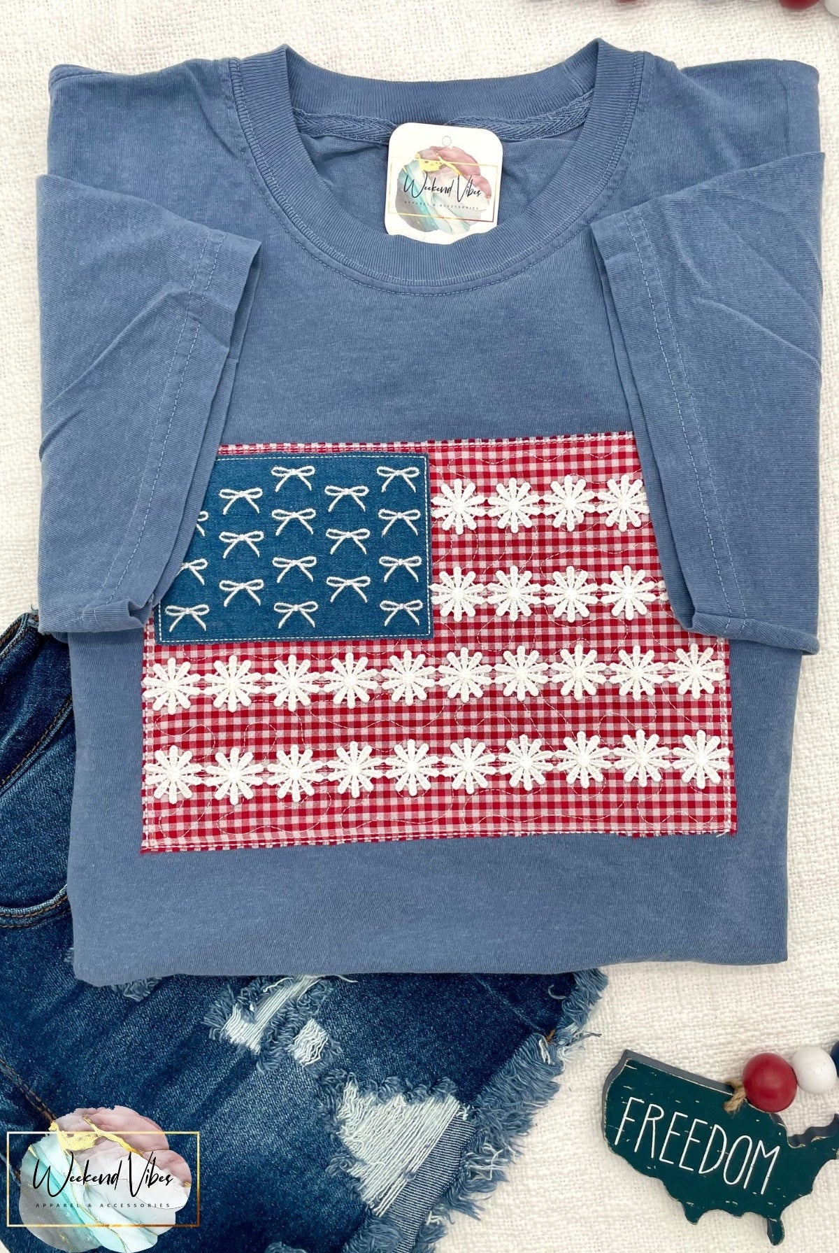 Patriotic Flag Embroidered Bow Floral Applique Comfort Colors T-shirt