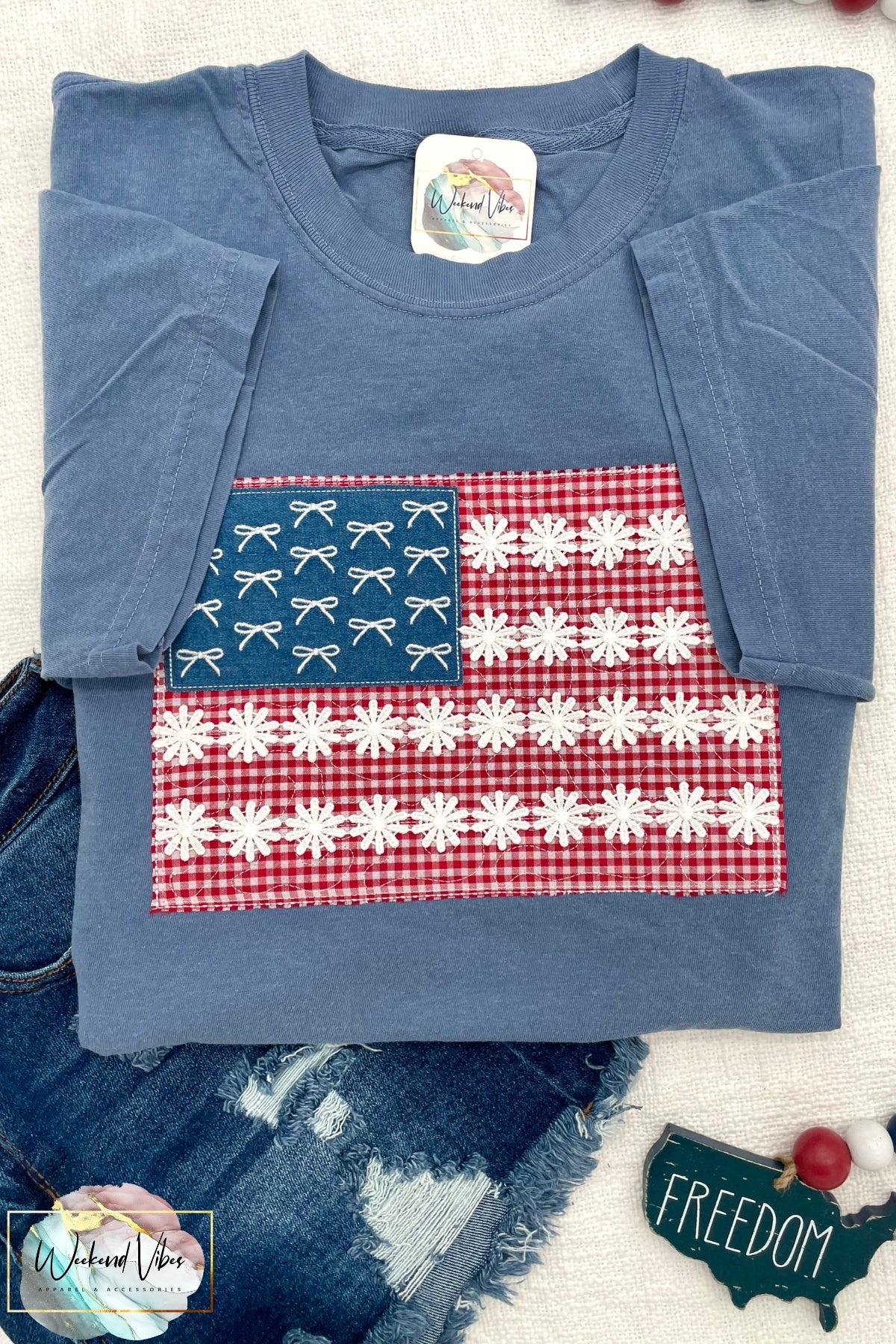 Patriotic Flag Embroidered Bow Floral Applique Comfort Colors T-shirt
