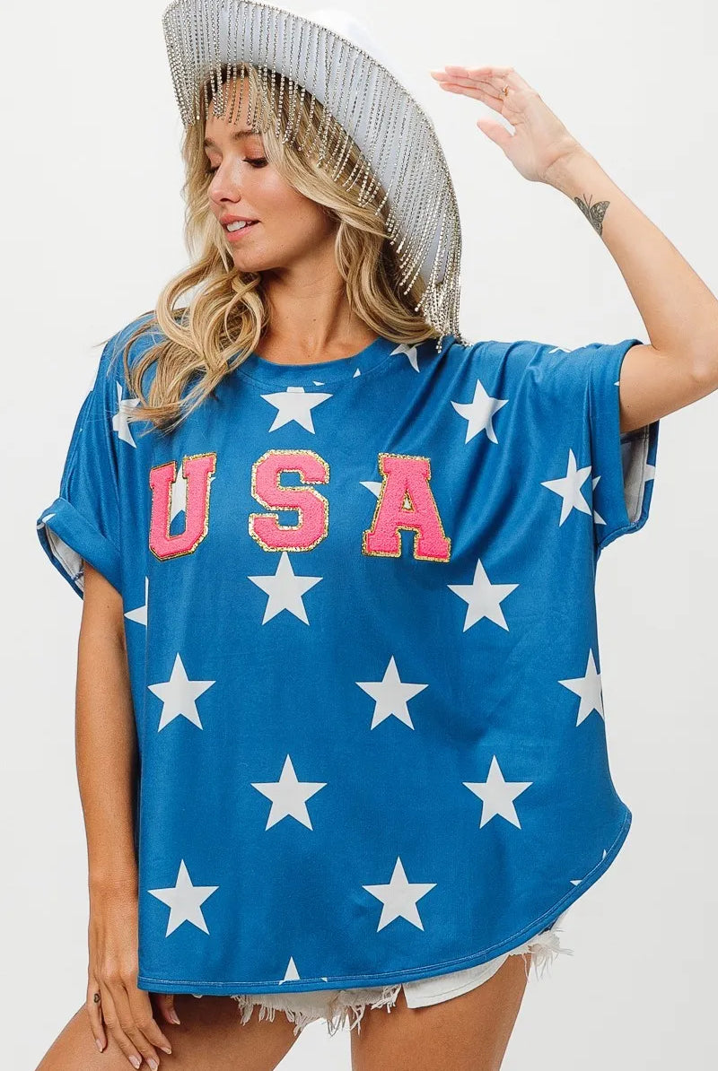 BiBi Fourth Of July Star Knit T-Shirt in Blue