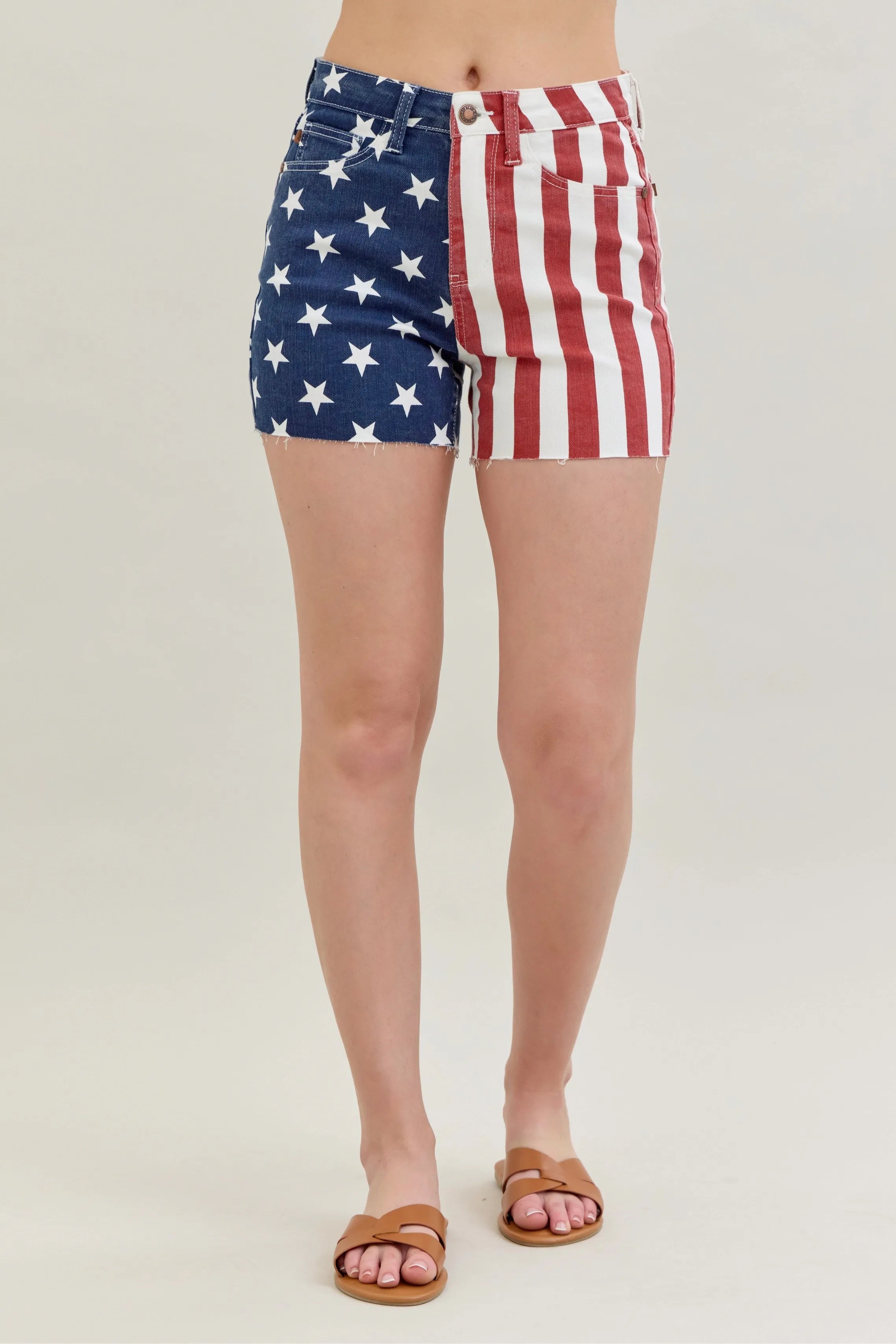 Judy Blue High Waist Americana Flag Fray Hem Shorts in Patriotic Colors