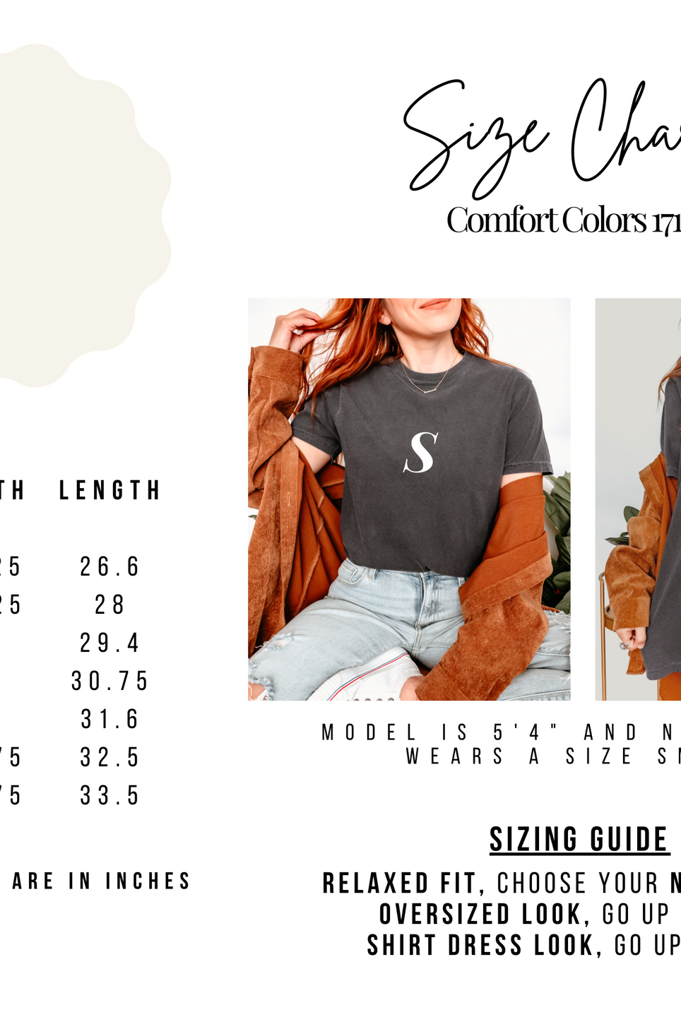 Size chart for a shirt with model wearing the shirt and text explaining sizing.