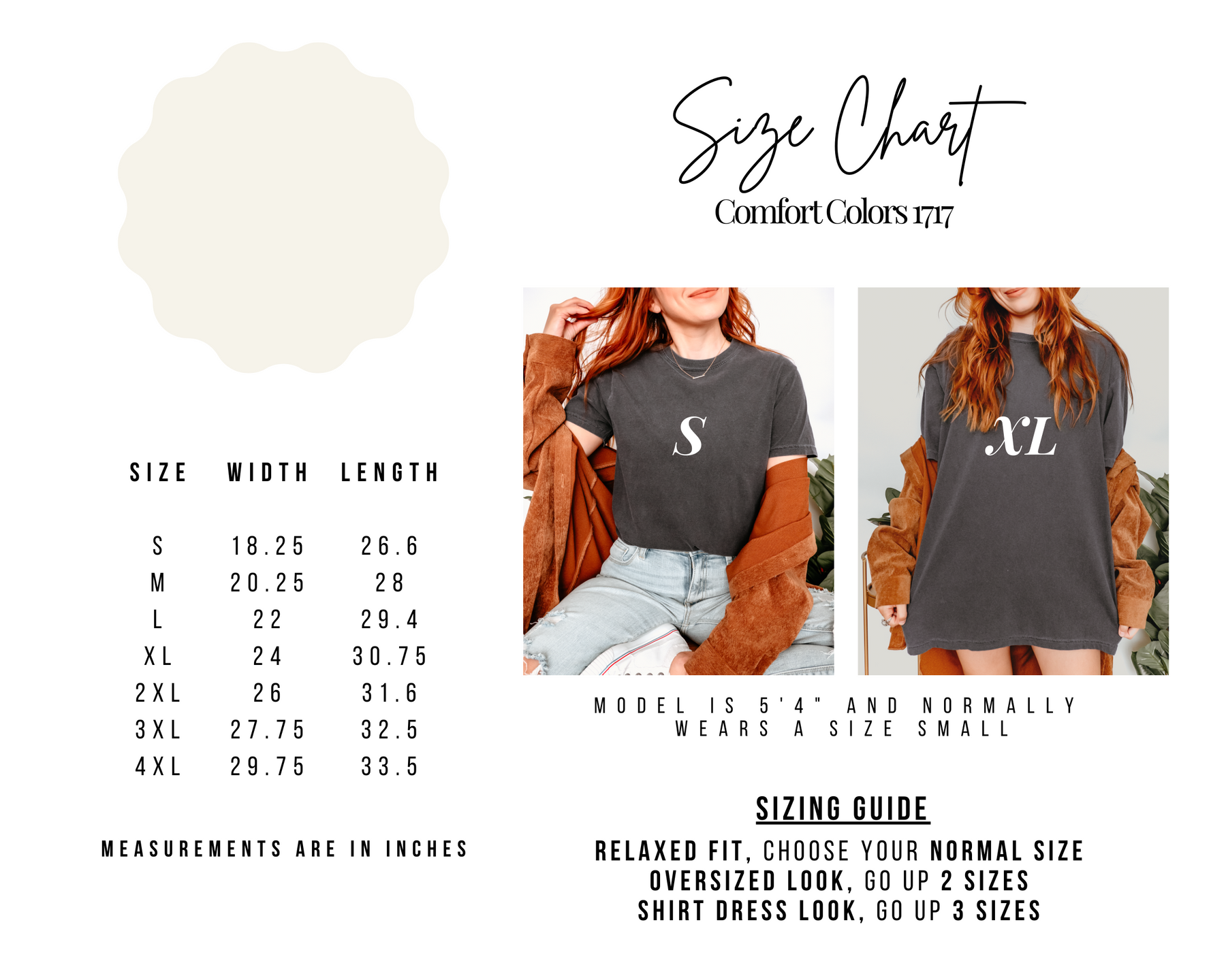 Size chart for a shirt with model wearing the shirt and text explaining sizing.