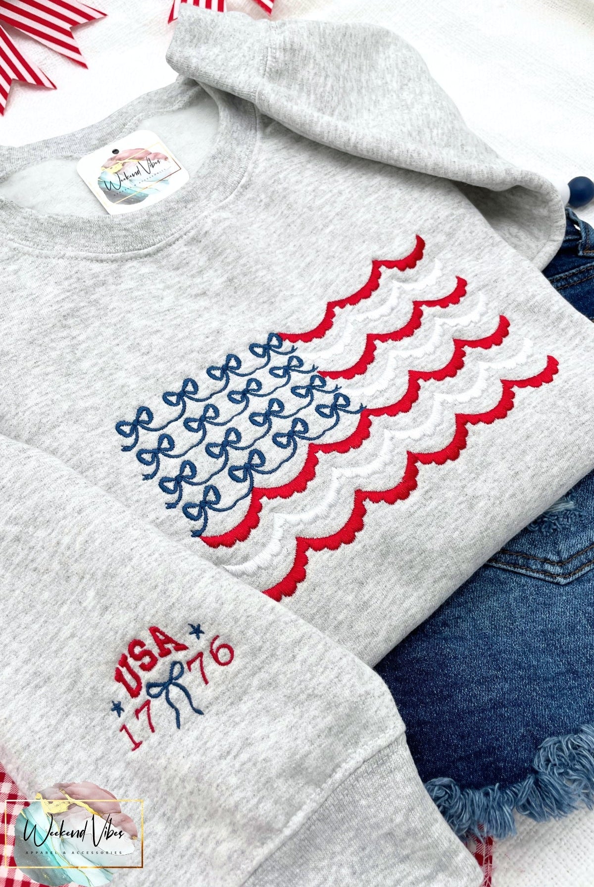 Embroidered Red White & Blue Bows Scallop Flag Sweatshirt