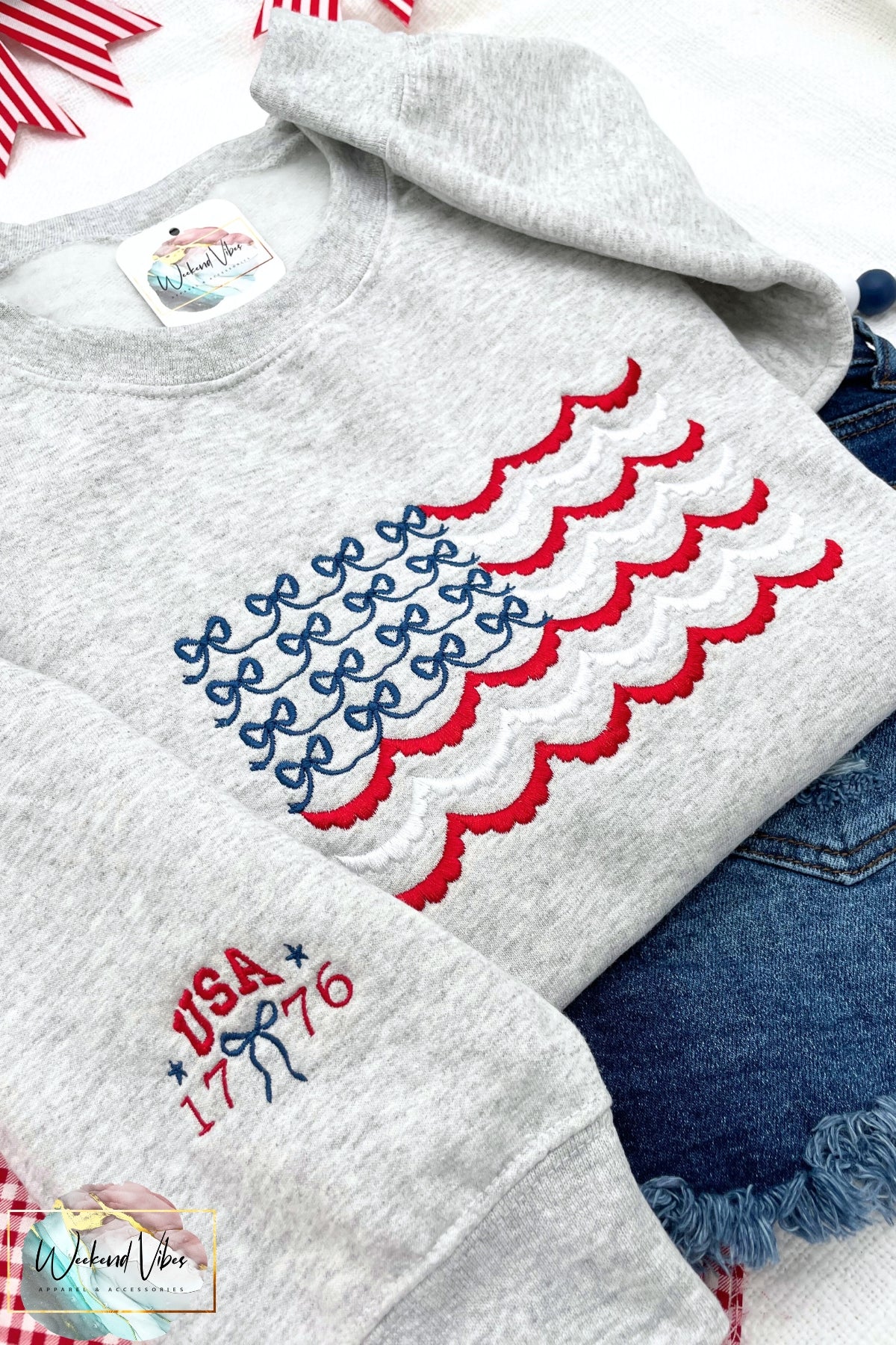 Embroidered Red White & Blue Bows Scallop Flag Sweatshirt