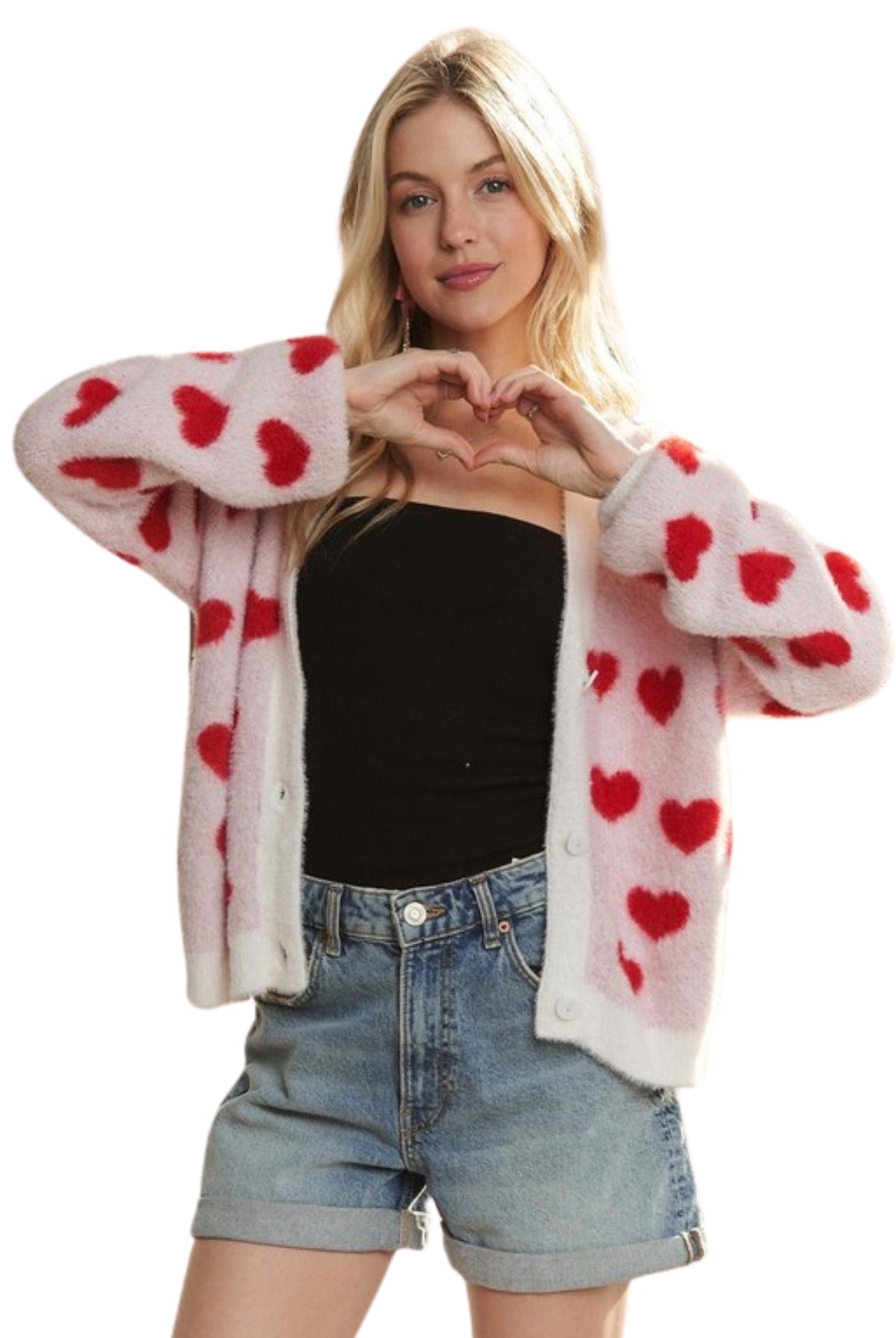 Adora Fuzzy Heart Valentine Button Down Cardigan in Ivory and Red