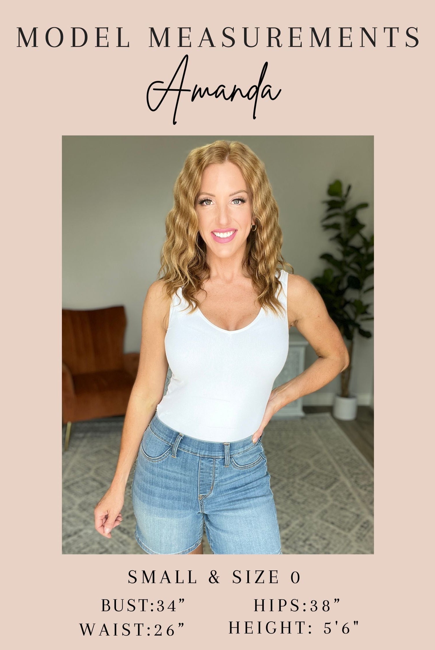 Amanda wearing a white tank top and blue jeans with model measurements displayed.