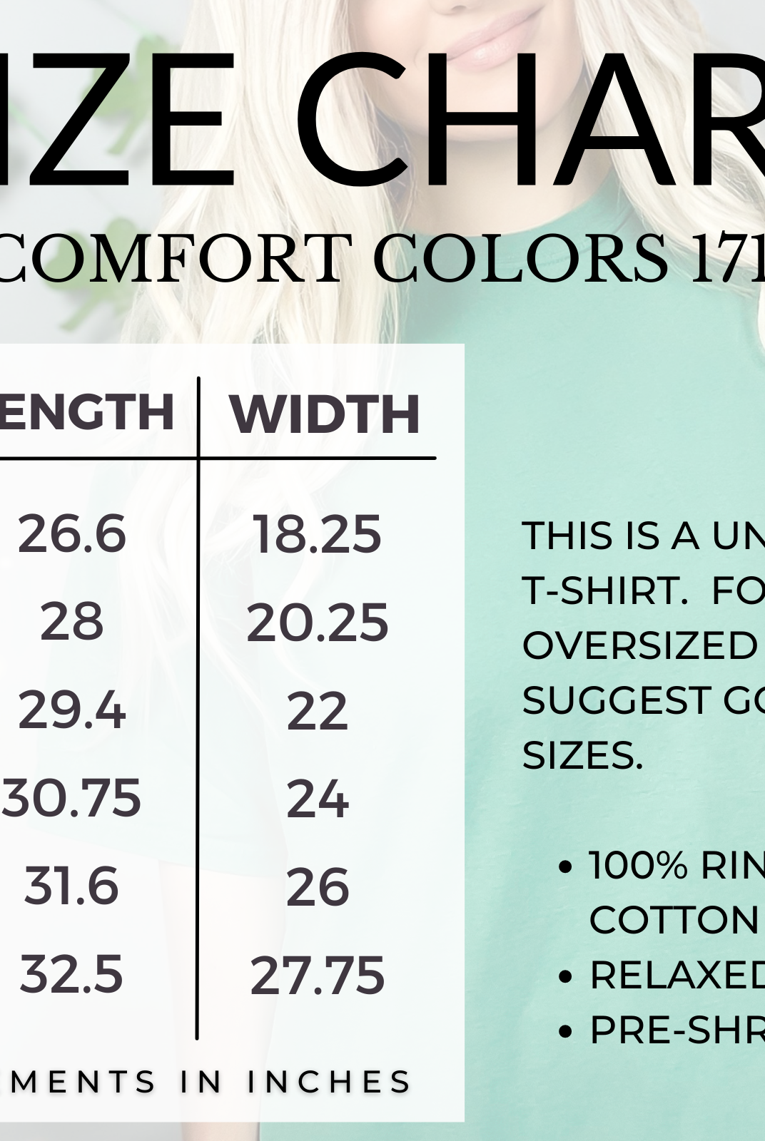 Comfort Colors T-shirt size chart