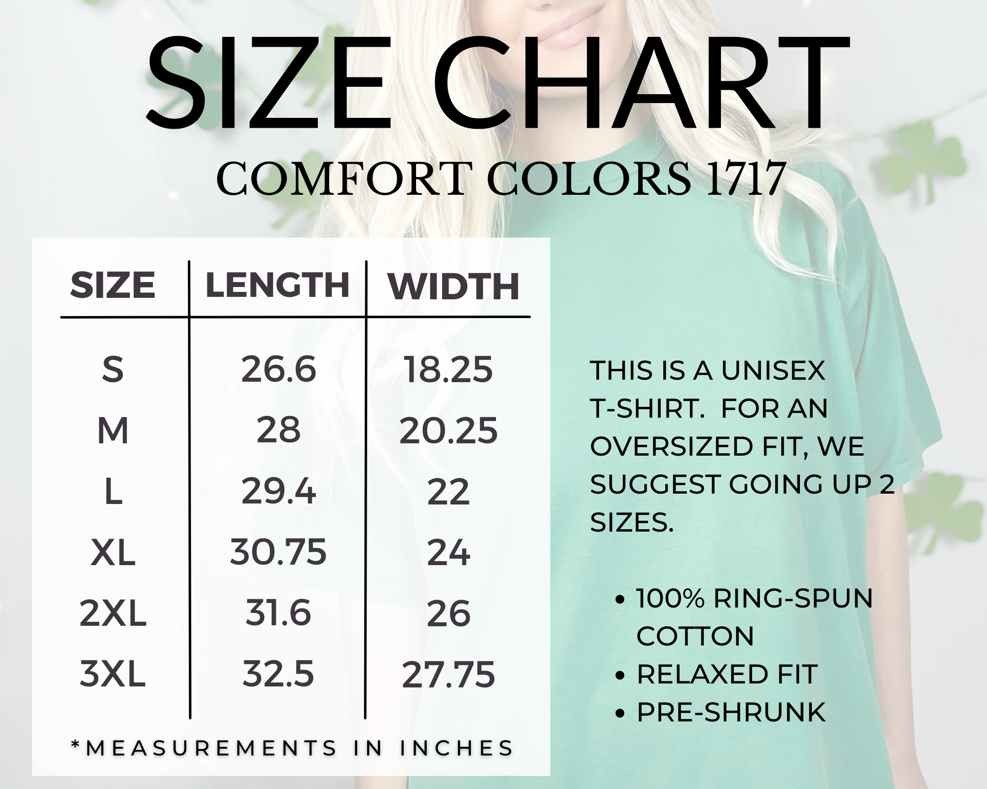 Comfort Colors T-shirt size chart
