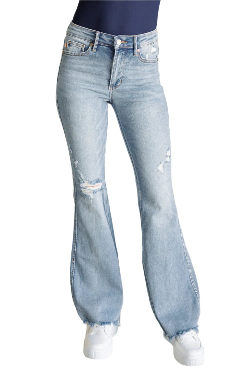 Caroline Mid Rise Control Top Distressed Flare Jeans on Casey