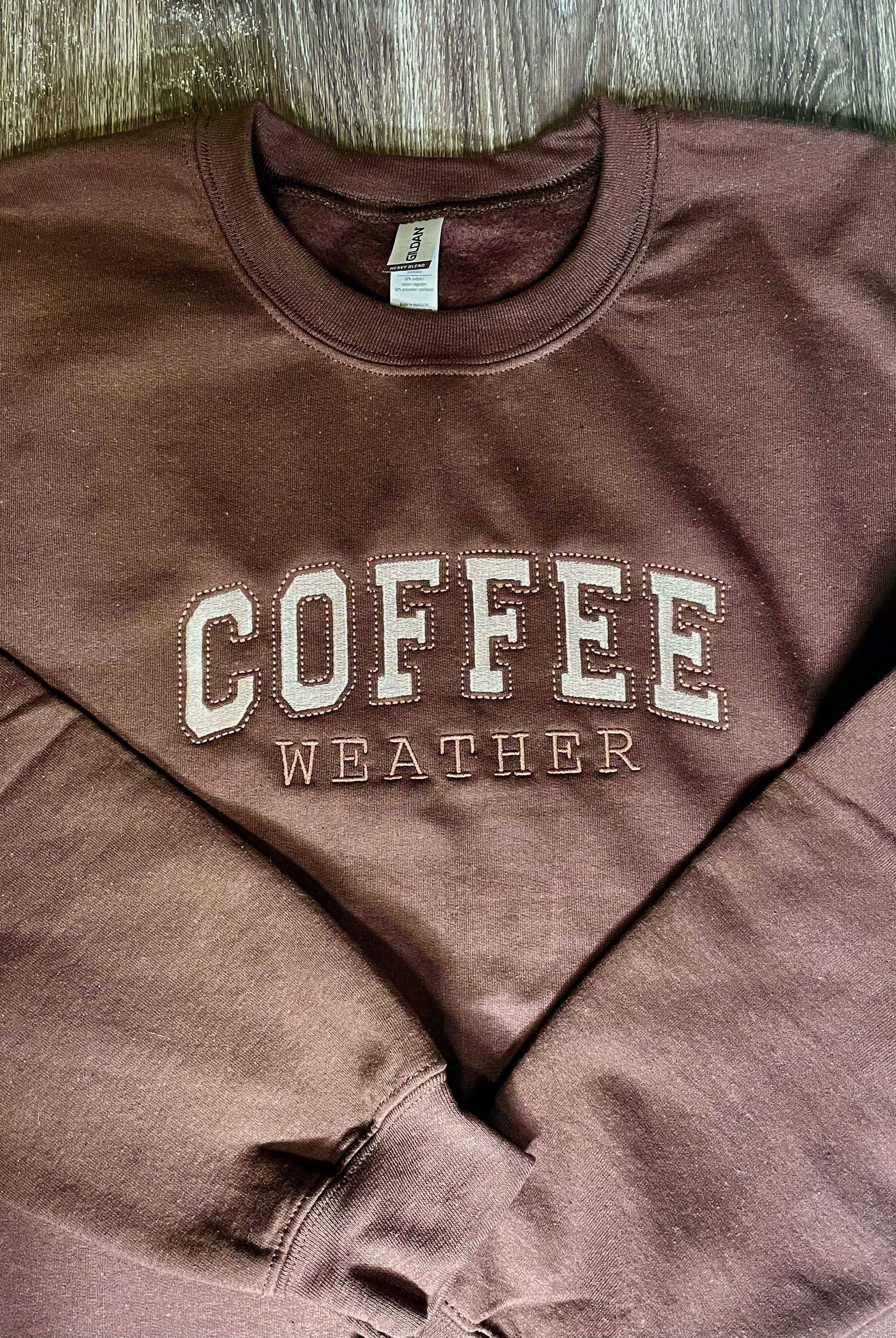 Coffee weather sweatshirt in Brown with two toned taupe font