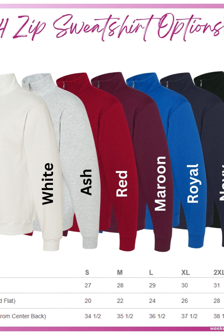 Row of 1/4 zip sweatshirts in various colors with size chart below.