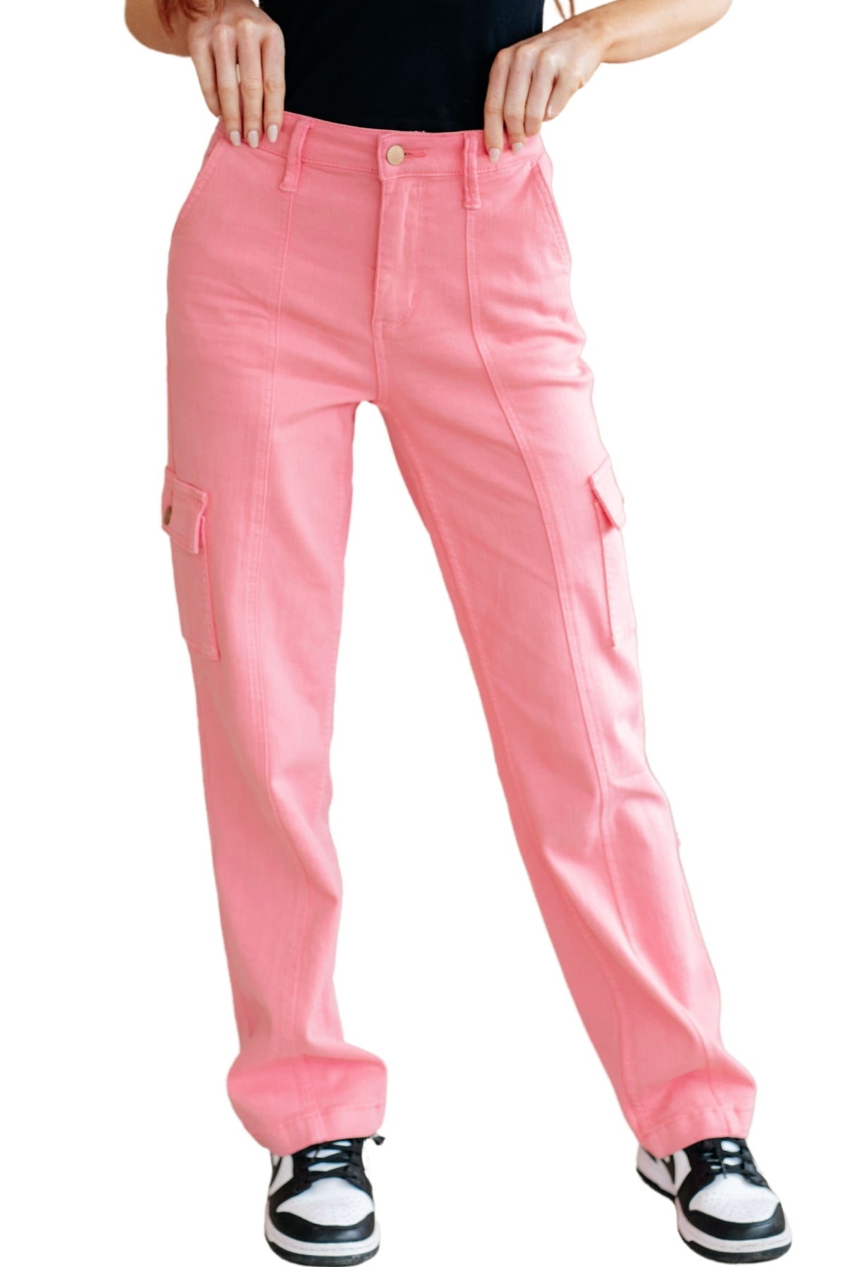 Judy Blue Peggy High Rise Cargo Straight Jeans in Pink