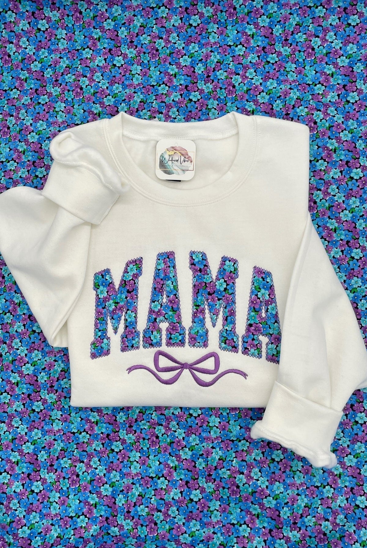 MAMA Sweatshirt  with Bow- Embroidered Applique with purple and blues Floral fabric