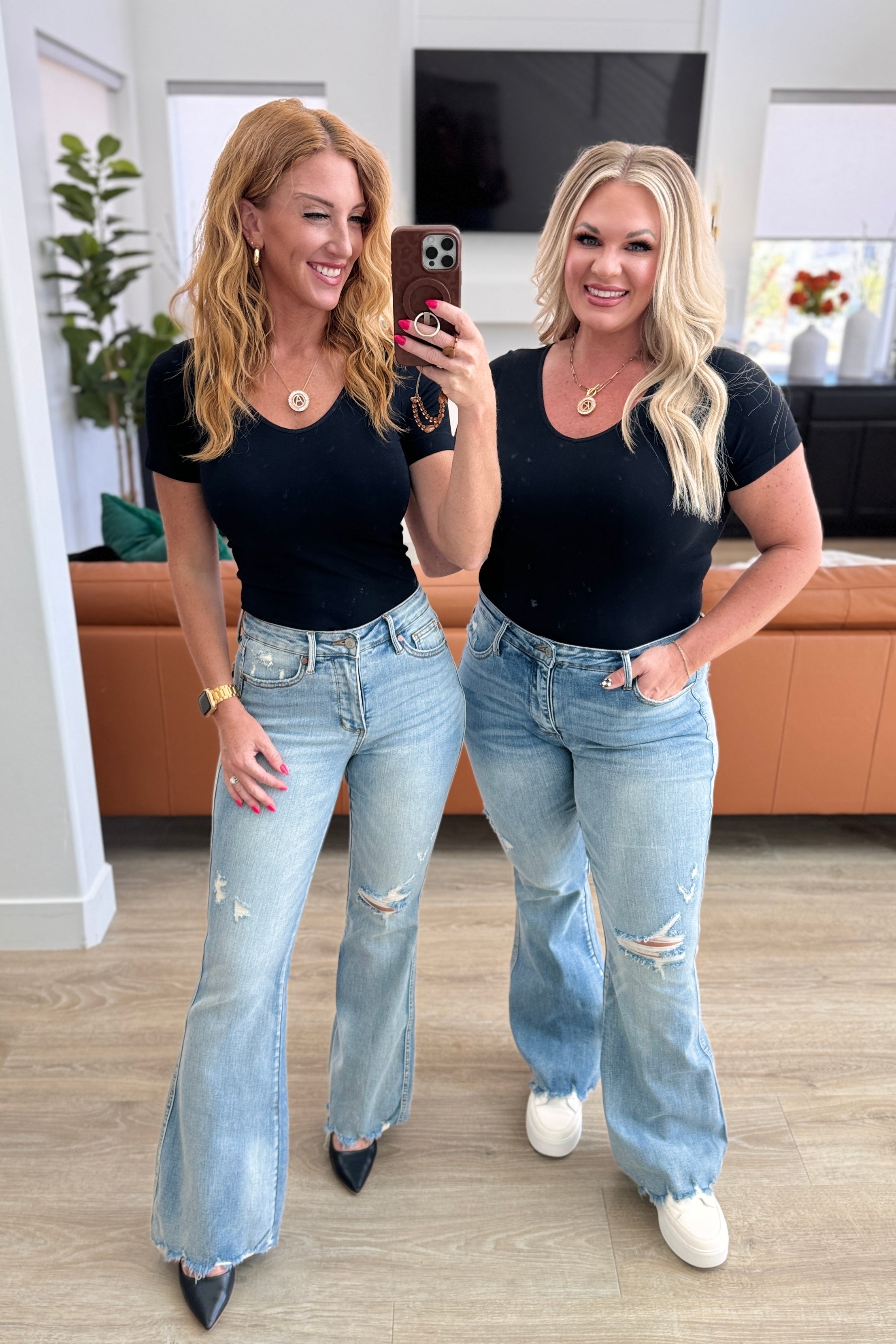 Caroline Mid Rise Control Top Distressed Flare Jeans Duo photo Amanda & Kira