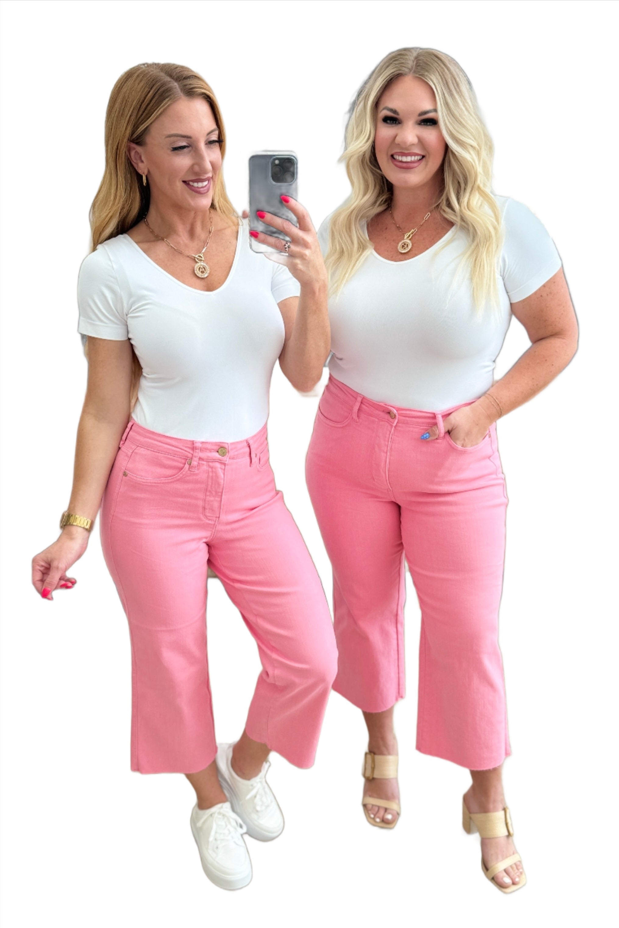 Judy Blue High Rise Tummy Control Wide Leg Crop Jeans in Pink - Amanda & Kirra