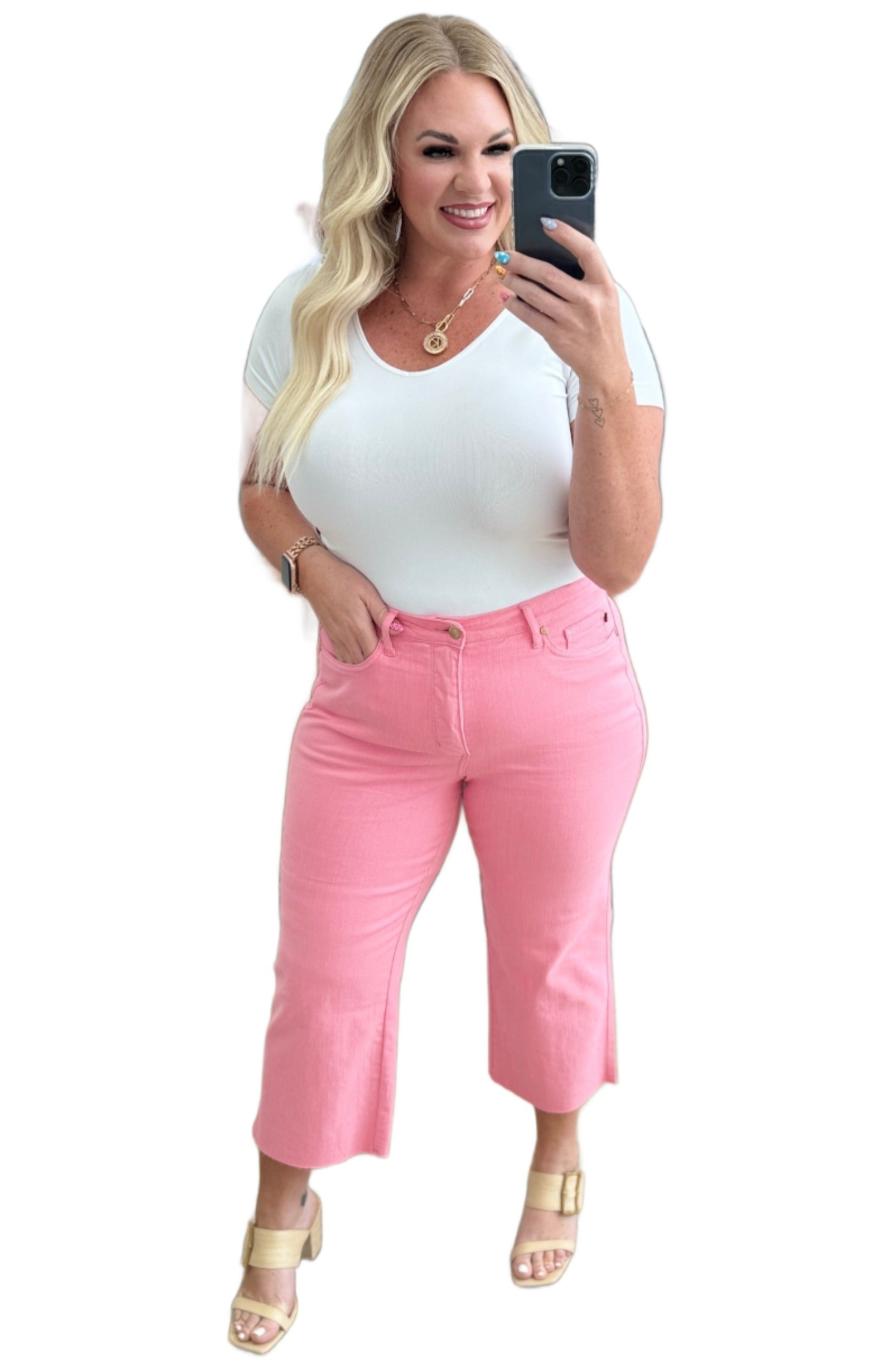 Judy Blue High Rise Tummy Control Wide Leg Crop Jeans in Pink - Kirra wears size 13
