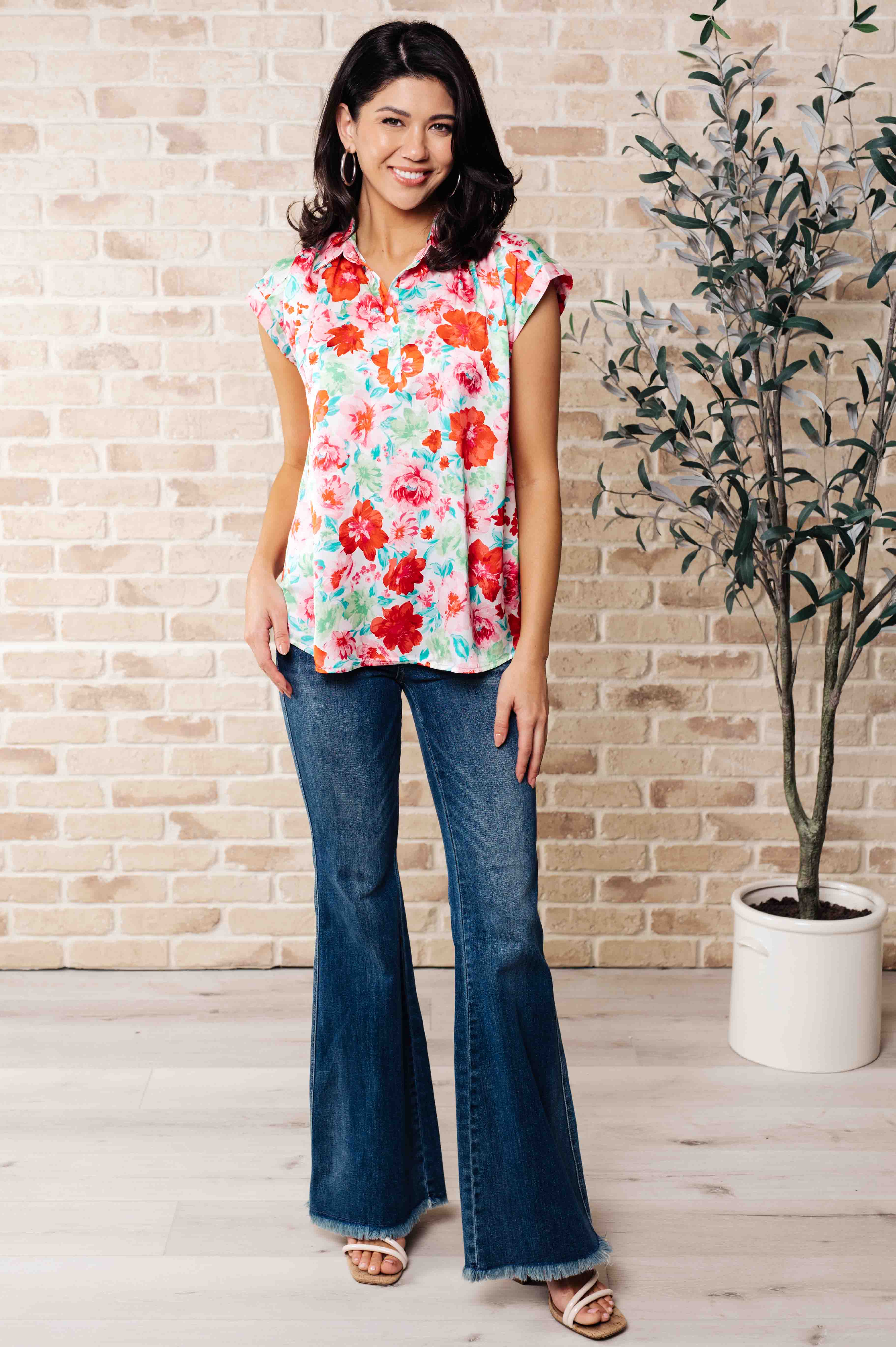 I Melt With You Collared Blouse by Emily Wonder styled with Judy Blue Flare jeans