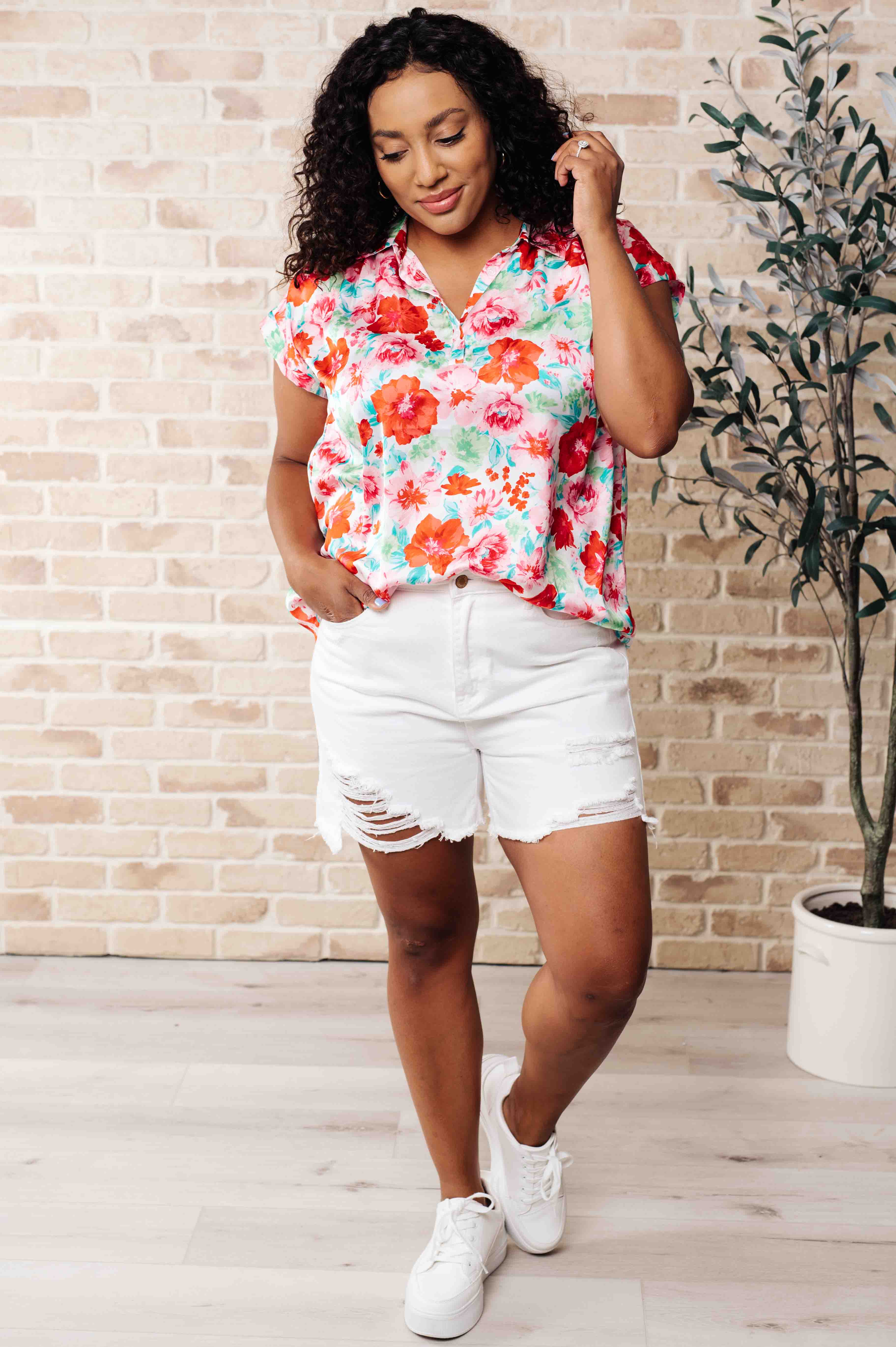 I Melt With You Collared Blouse by Emily Wonder styled with white Judy Blue shorts