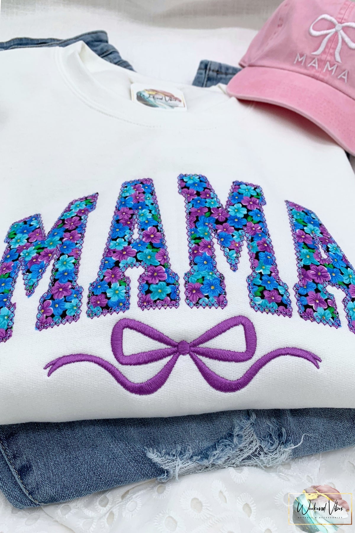 Customizable MAMA Sweatshirt with bow- Embroidered Applique with Floral fabric
