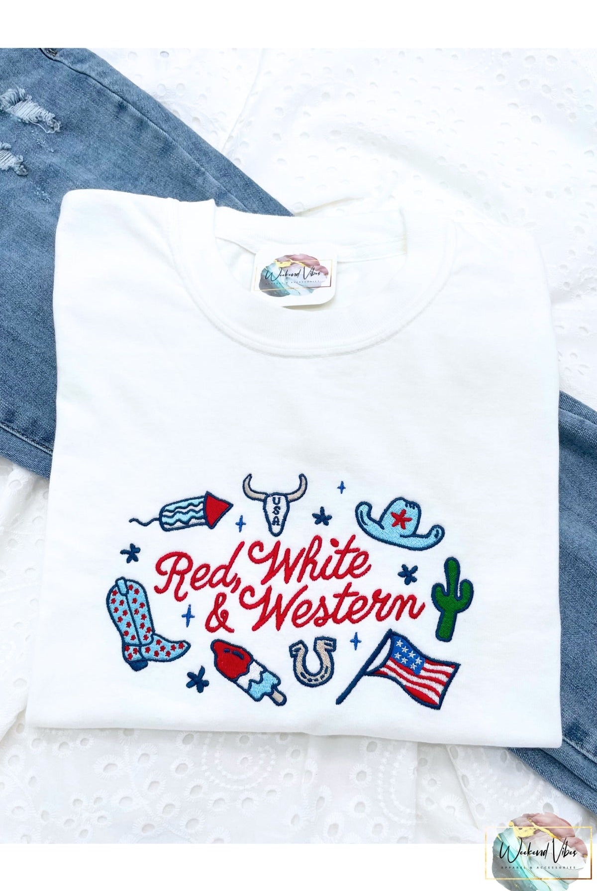 Embroidered Patriotic Red White & Western Tee Shirt