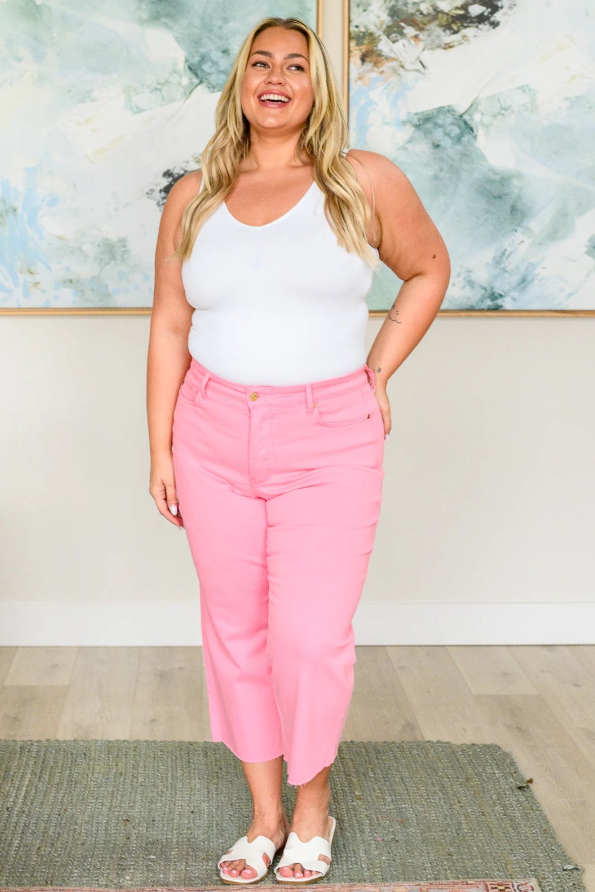 Judy Blue High Rise Tummy Control Wide Leg Crop Jeans in Pink - model Jordan wears 14W