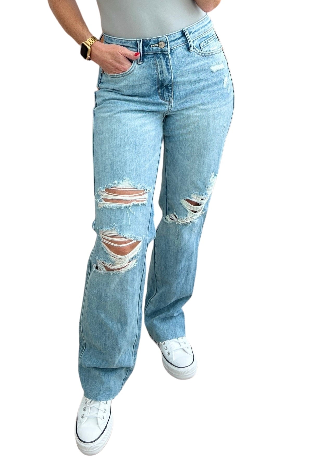 Judy Blue Ramona High Rise Rigid Magic Destroyed Straight Jeans-silhouette