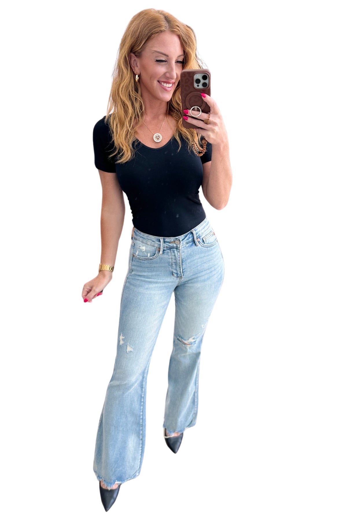 Caroline Mid Rise Control Top Distressed Flare Jeans on Amanda
