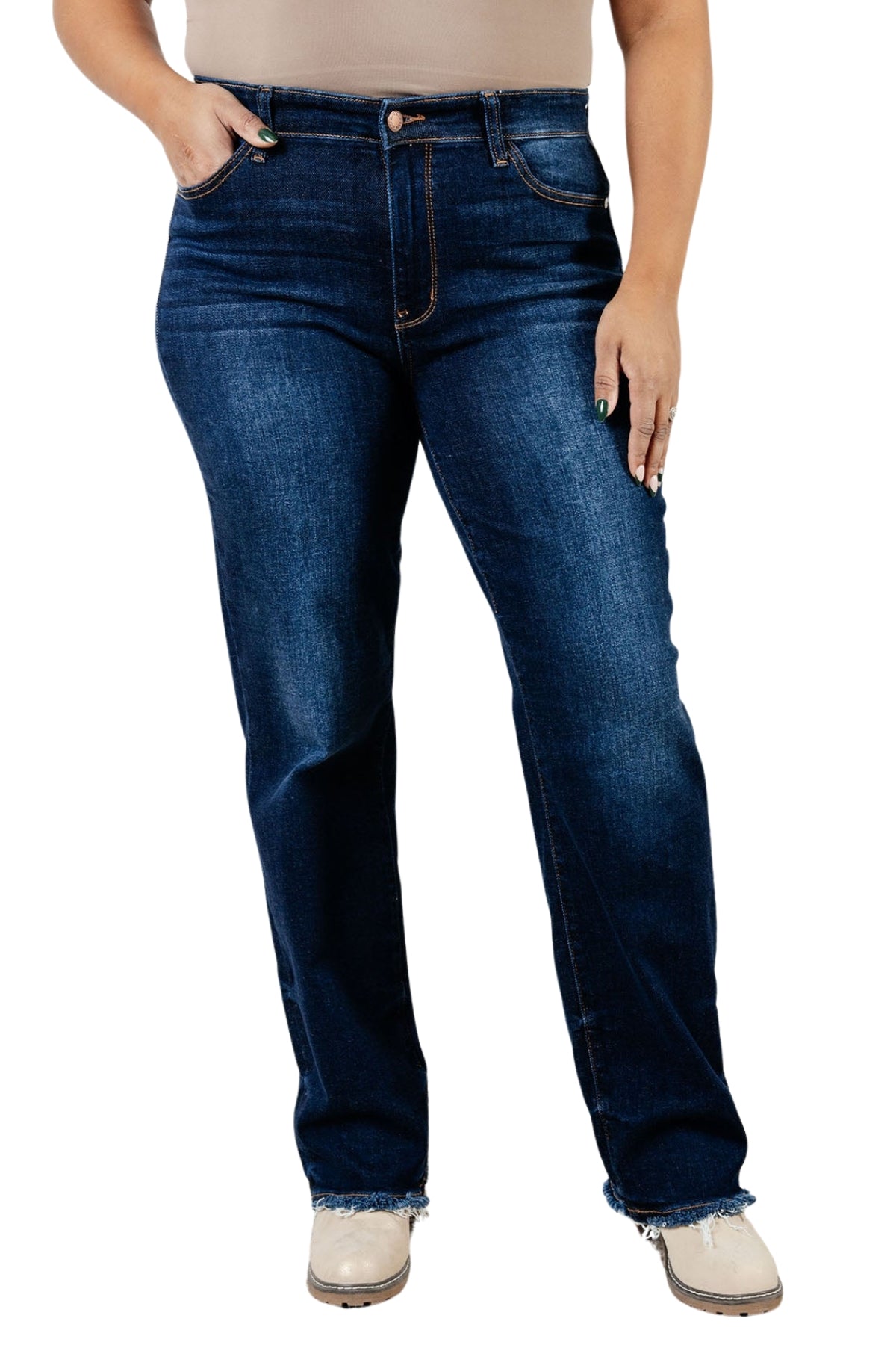 Judy Blue Jacqueline Mid Rise Frayed Hem Straight Leg Jean