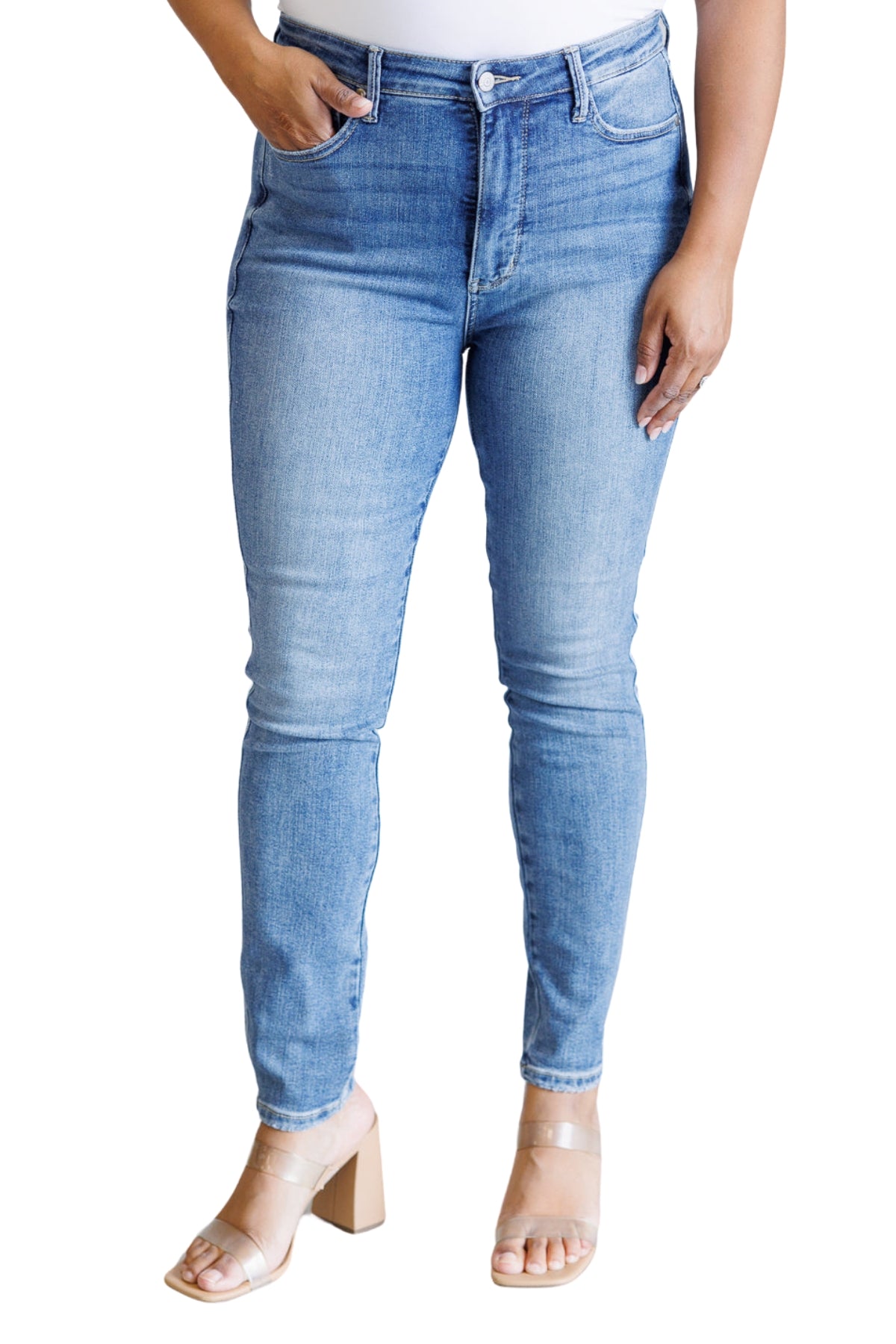 Judy Blue Justine High Rise Control Top Contrast Wash Skinny Jeans-Front Silhouette