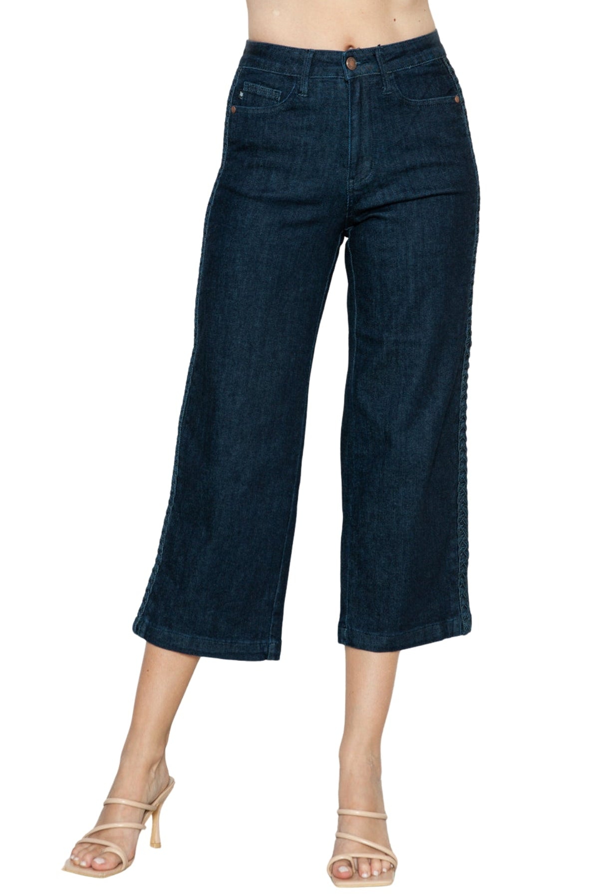 Judy Blue Side Seam Braid Detail Crop Wide Leg Jeans in Dark Wash