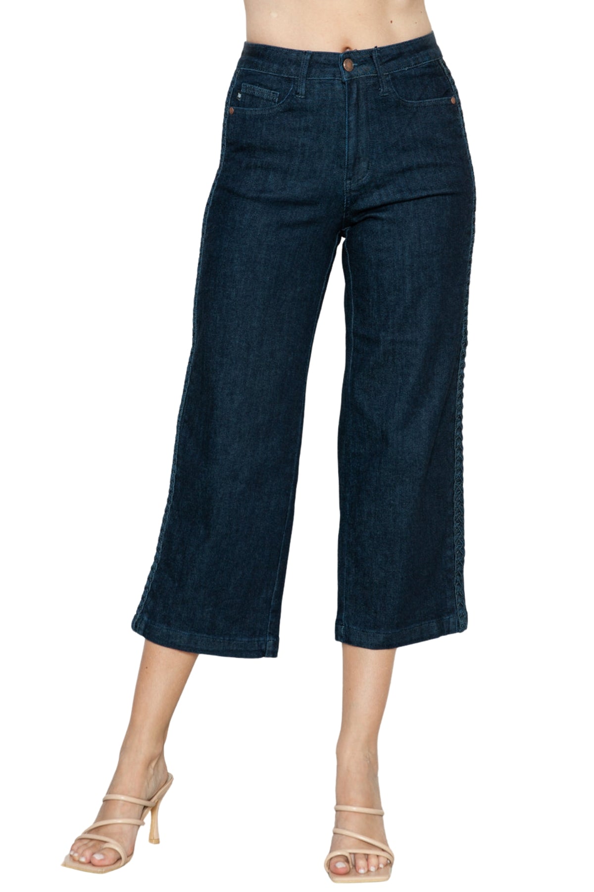 Judy Blue Side Seam Braid Detail Crop Wide Leg Jeans in Dark Wash