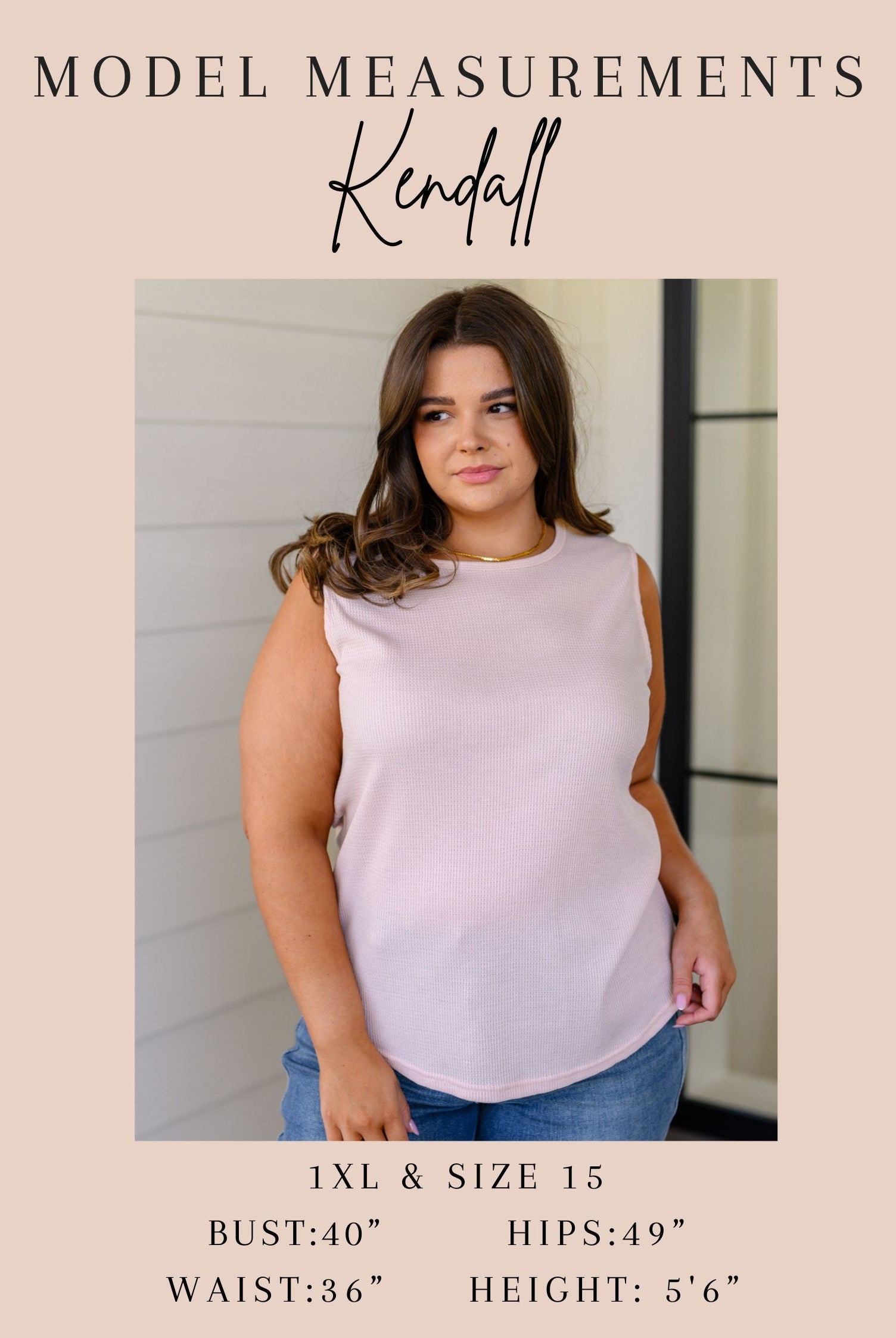 Woman wearing a light pink sleeveless top with model measurements displayed below.