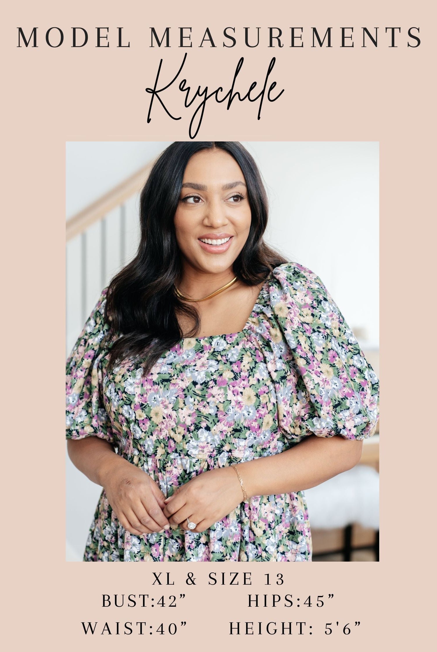 Model measurements for Krychele with a photo of her wearing a floral dress indoors.