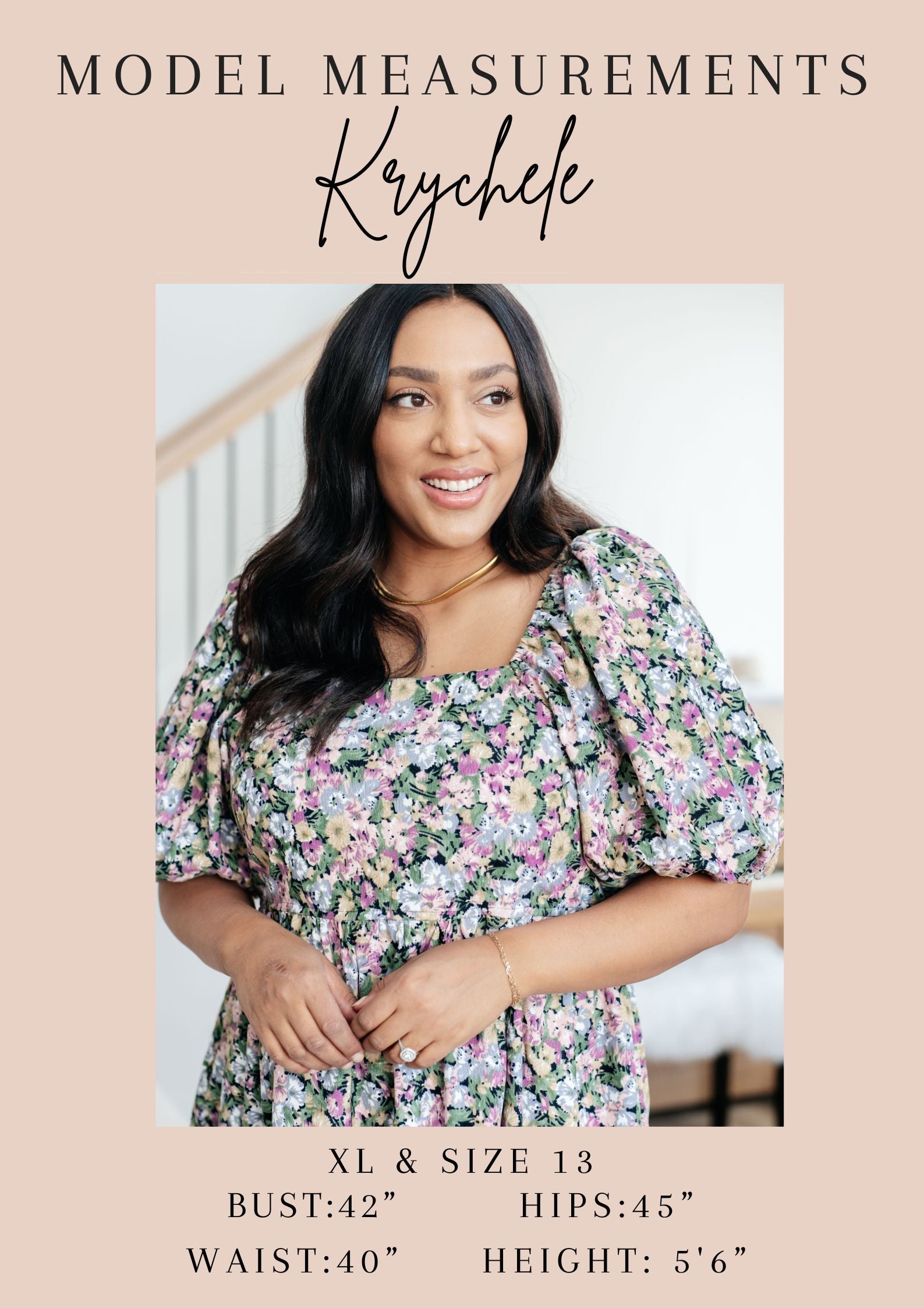 Model measurements for Krychele with a photo of her wearing a floral dress indoors.