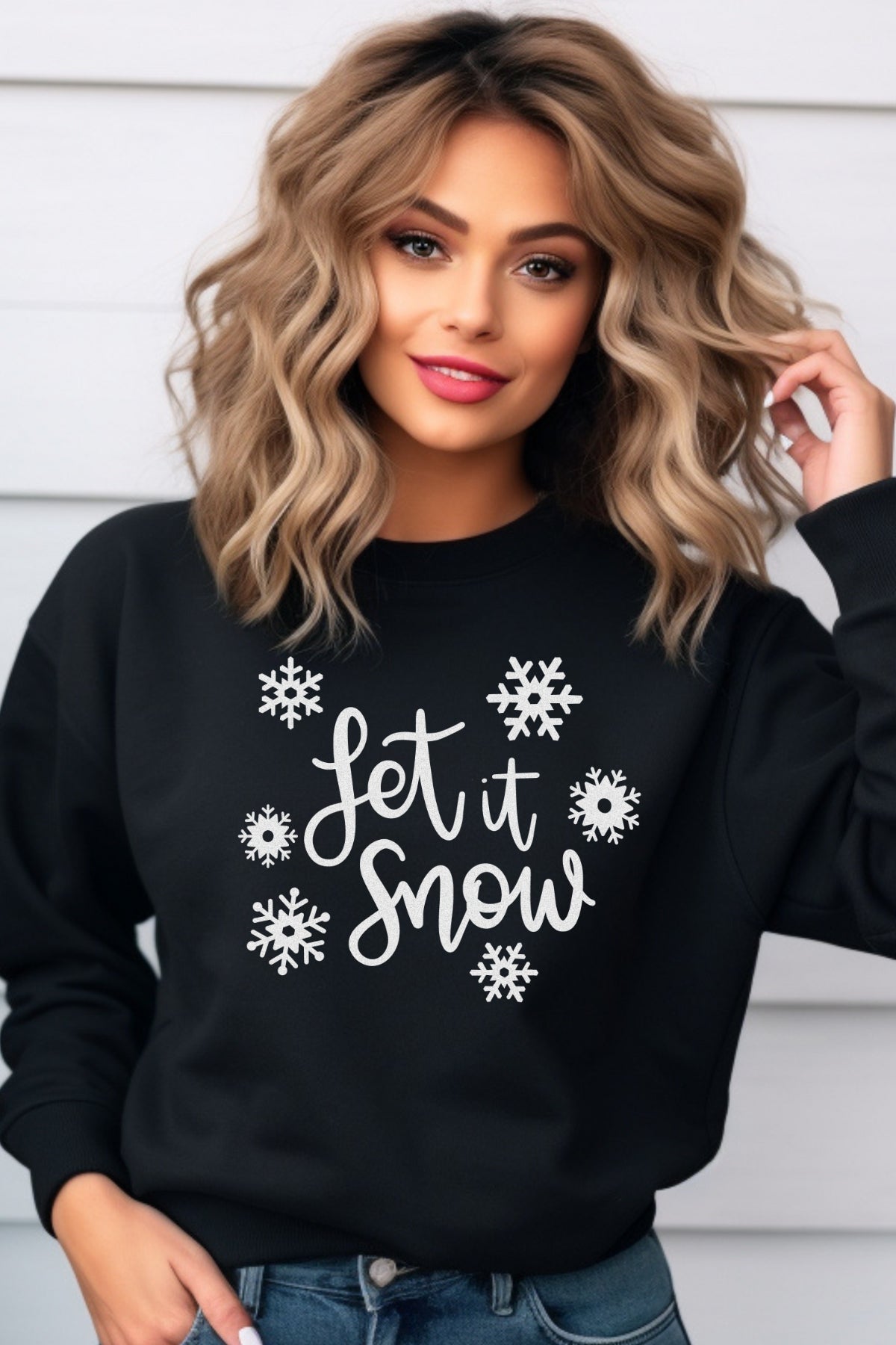 Let it Snow on black pullover crewneck sweatshirt with fleece lining
