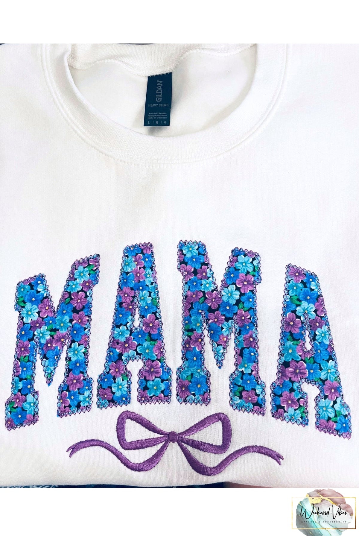 Custom MAMA Sweatshirt with bow- Embroidered Applique with purple and blue Floral fabric