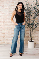 Miss You Much Sleeveless Black Mesh V-Neck Bodysuit styled with Judy Blue jeans