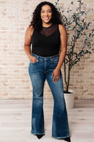 Miss You Much Sleeveless Black Mesh V-Neck Bodysuit styled with Flare Leg Judy Blue jeans