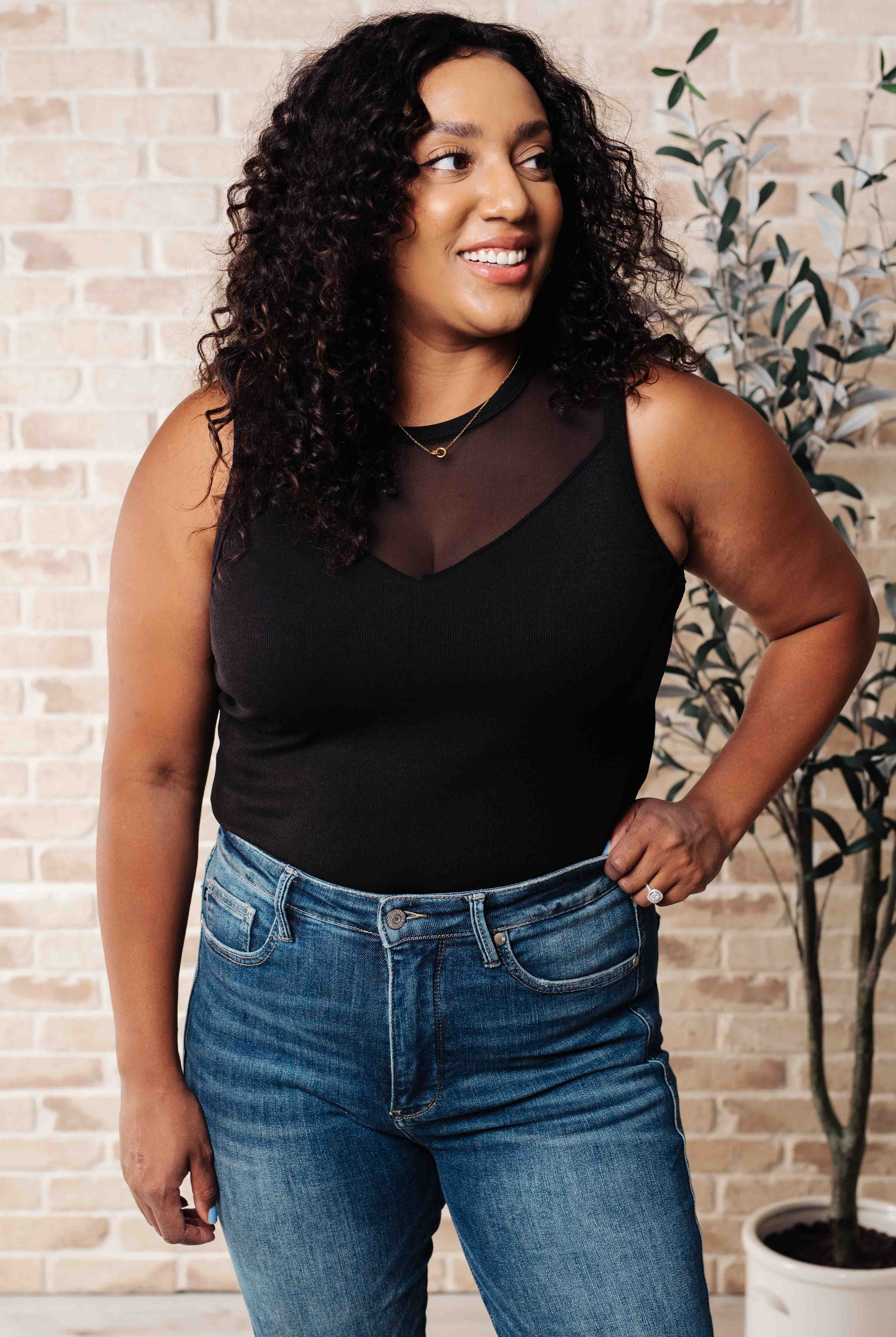 Miss You Much Sleeveless Black Mesh V-Neck Bodysuit Krychele