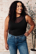 Miss You Much Sleeveless Black Mesh V-Neck Bodysuit Krychele