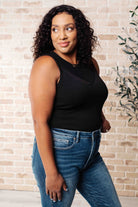 Miss You Much Sleeveless Black Mesh V-Neck Bodysuit side view