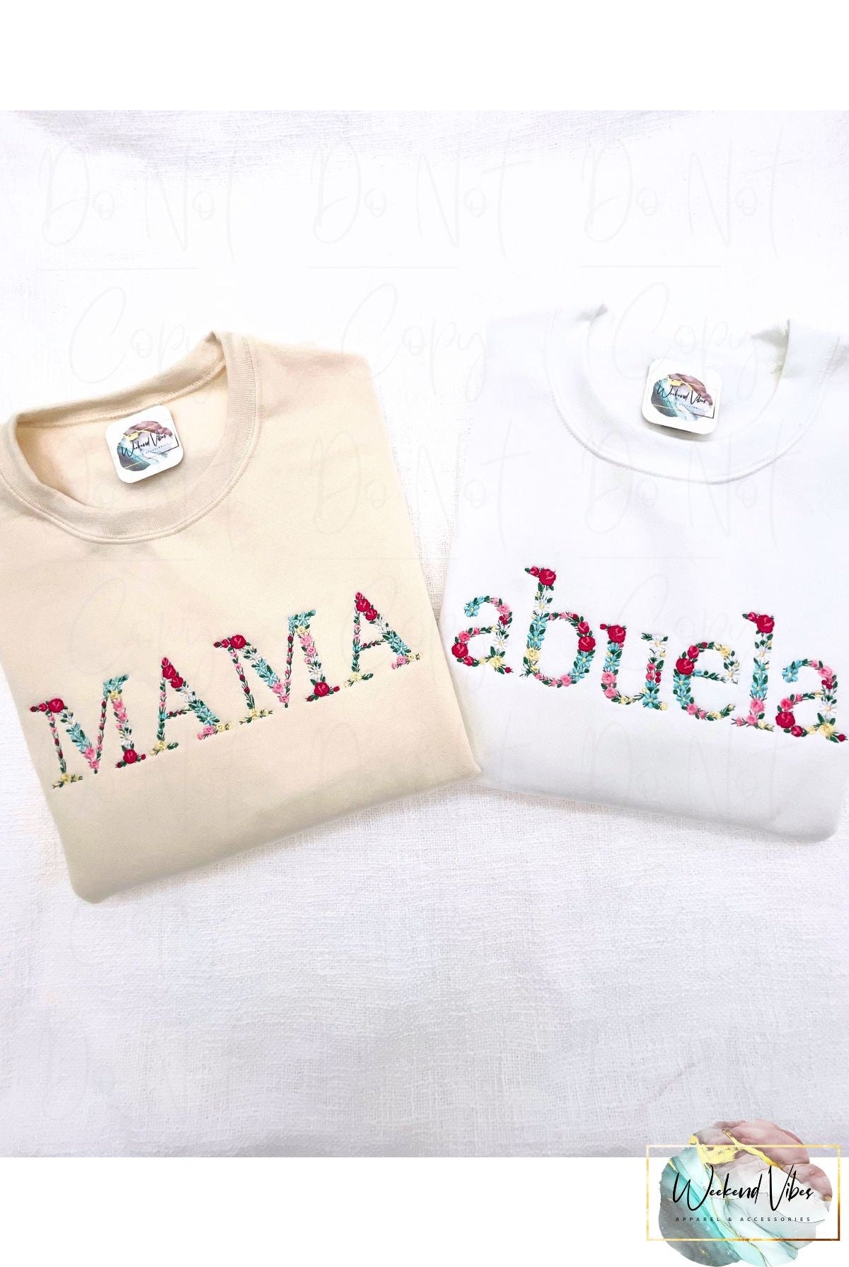 Mama and Abuela embroidered sweatshirts with floral letters